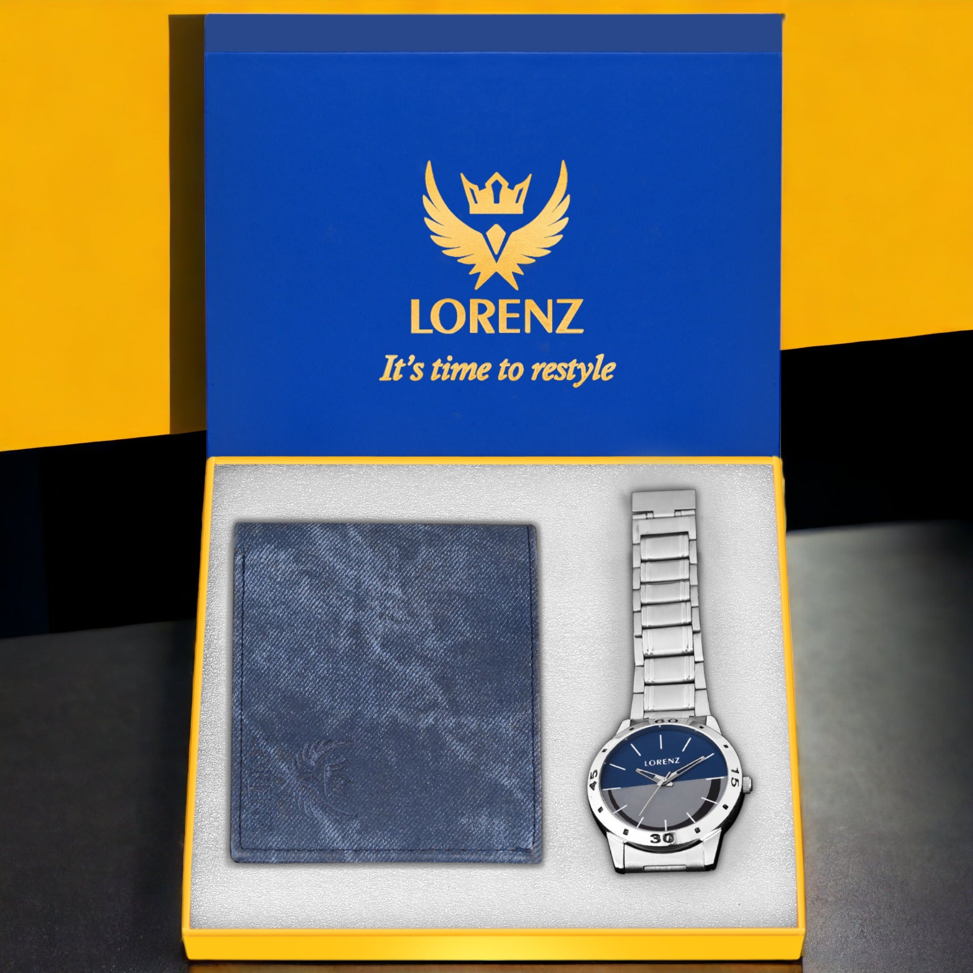 Lorenz Men's Blue Dial Watch with Silver Case and Blue Denim Wallet