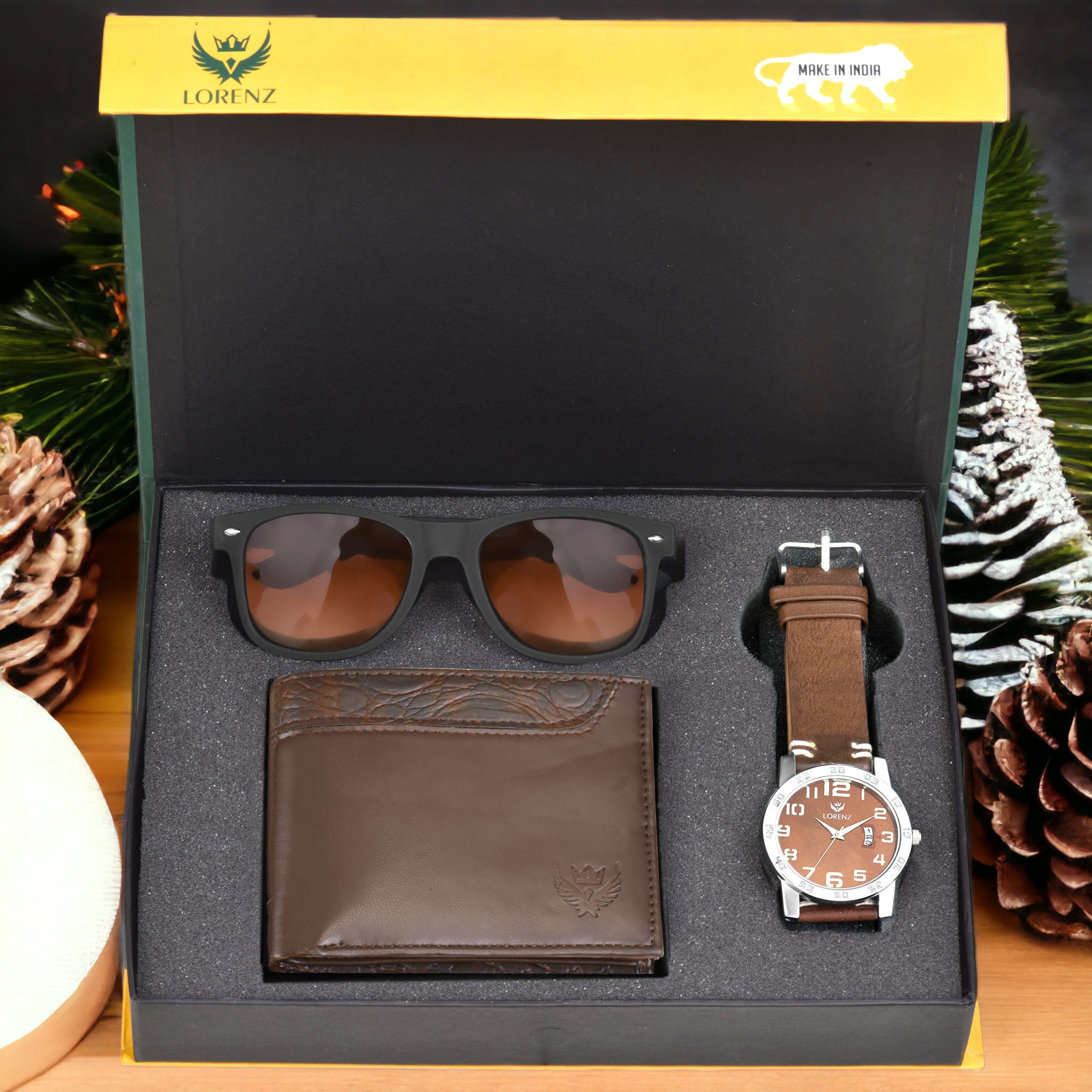 Lorenz Brown Watch, Wallet & Sunglasses Combo