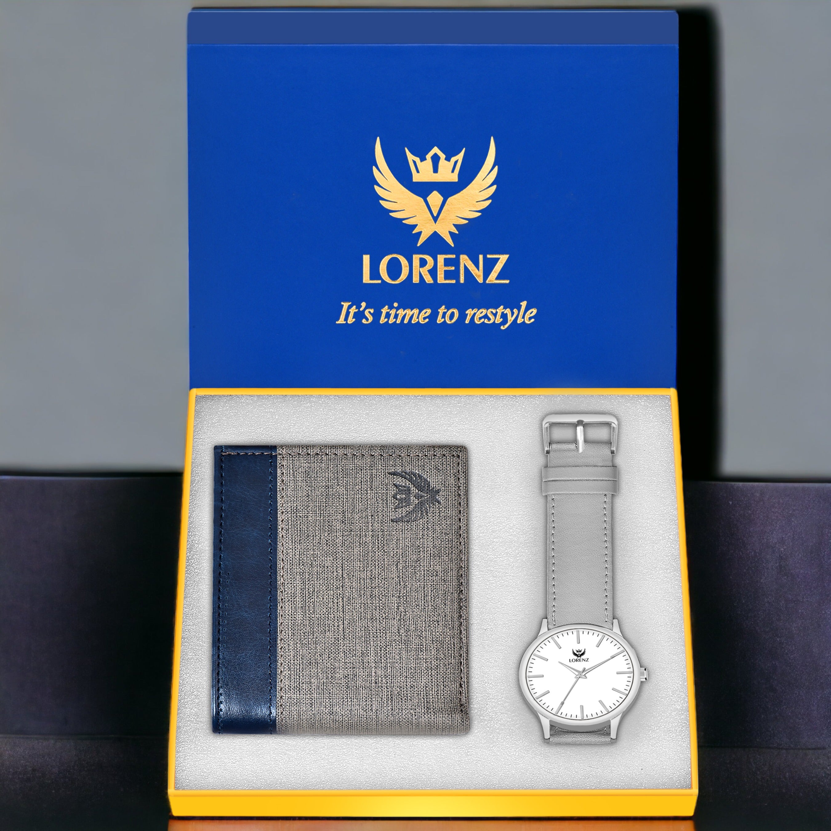 LORENZ Slim White Dial Watch & Grey Wallet Combo for Men and Boys- CM-4056WL-15