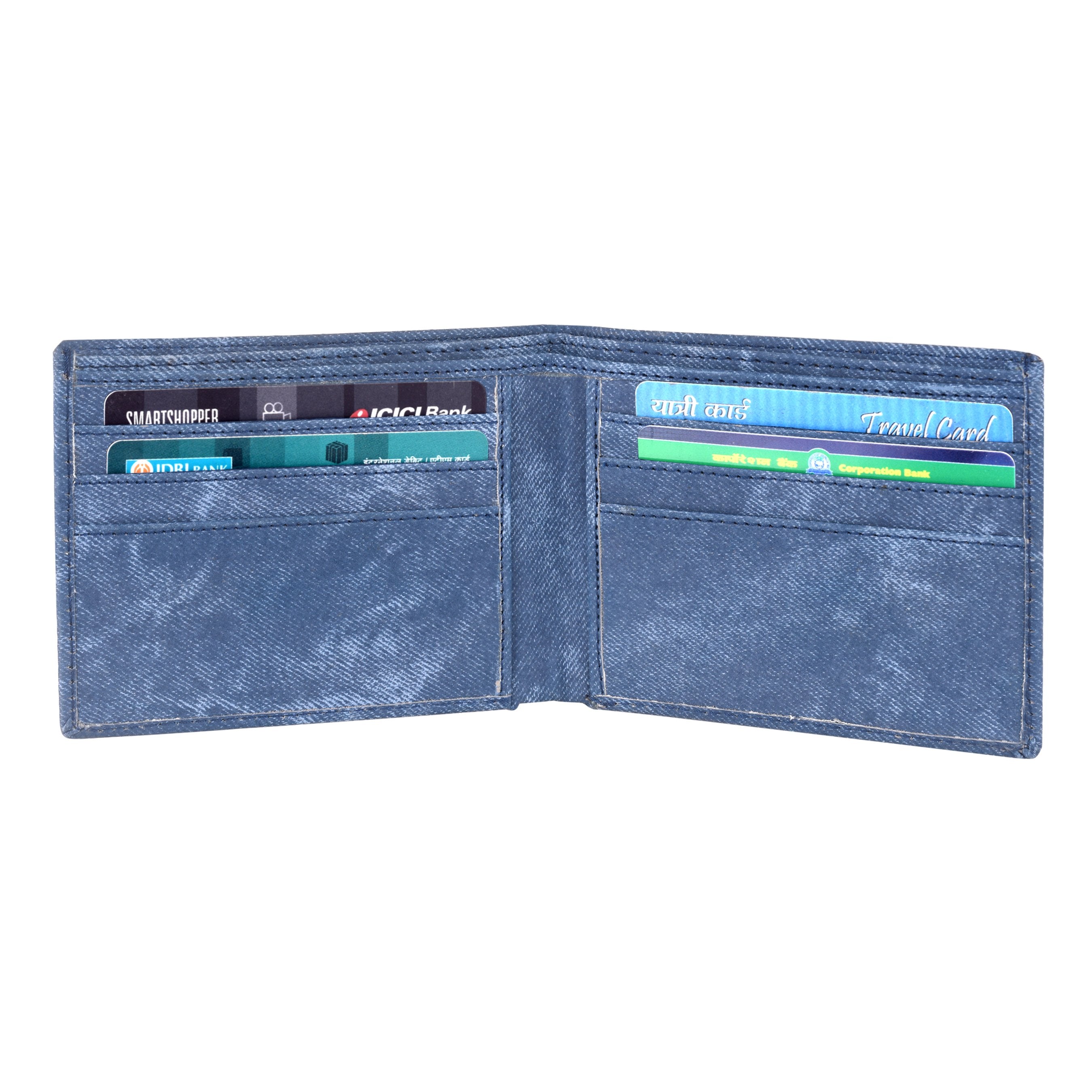 Lorenz Blue Denim Wallet open, displaying compartments for cards and cash.