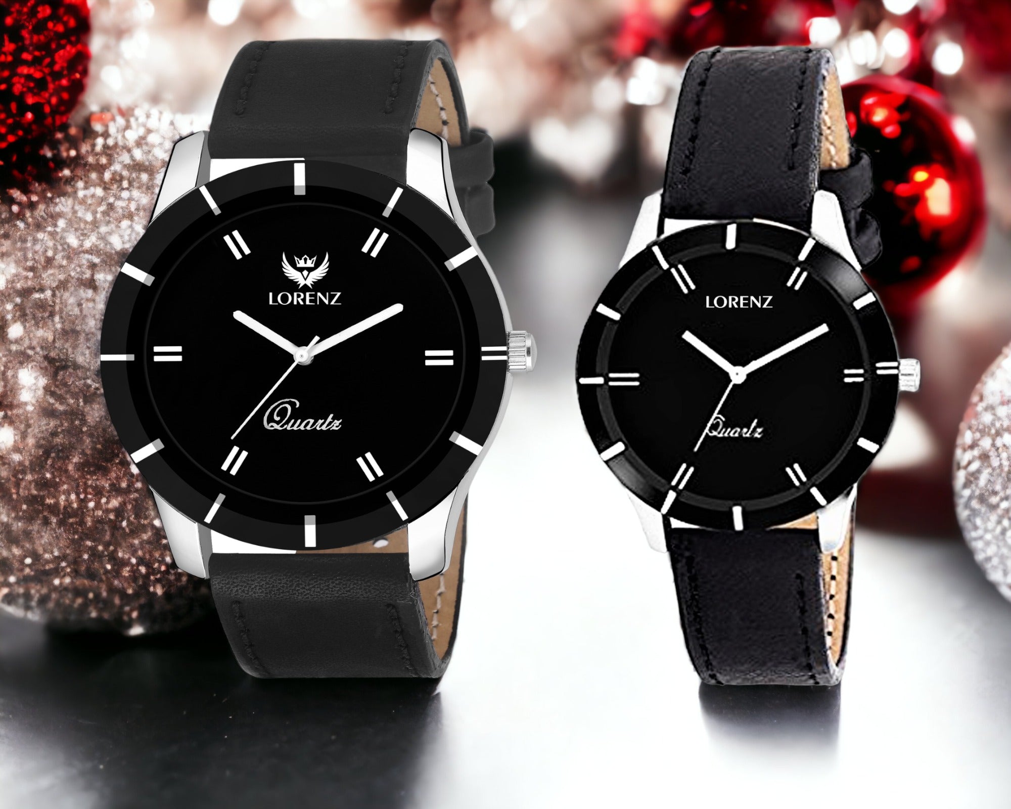 LORENZ AM-1 Mens Black Leather Couple Watch Combo