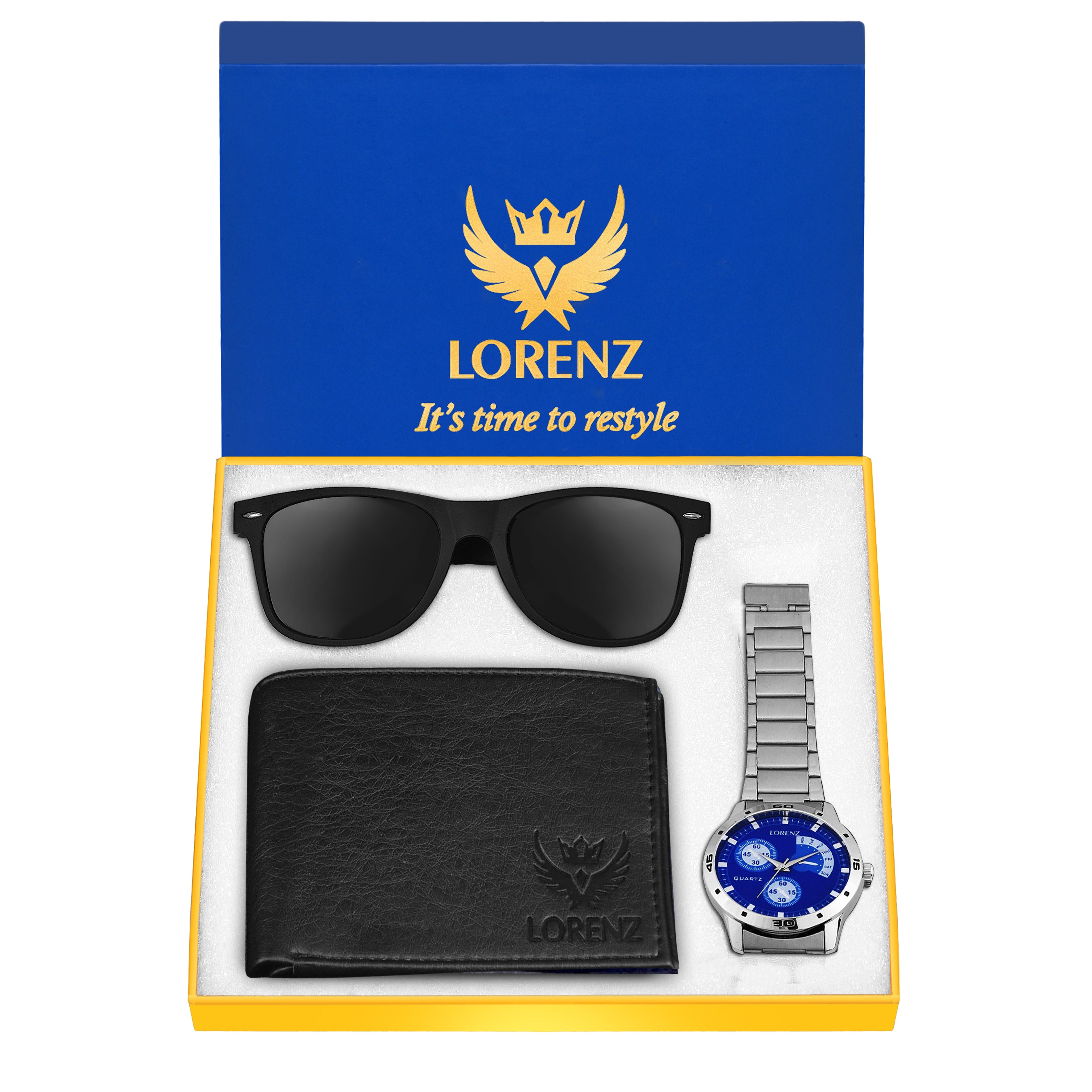 Lorenz Combo of Blue Watch, Black Wallet and Black Sunglasses for Men- CM-1010SN-WL-BLK