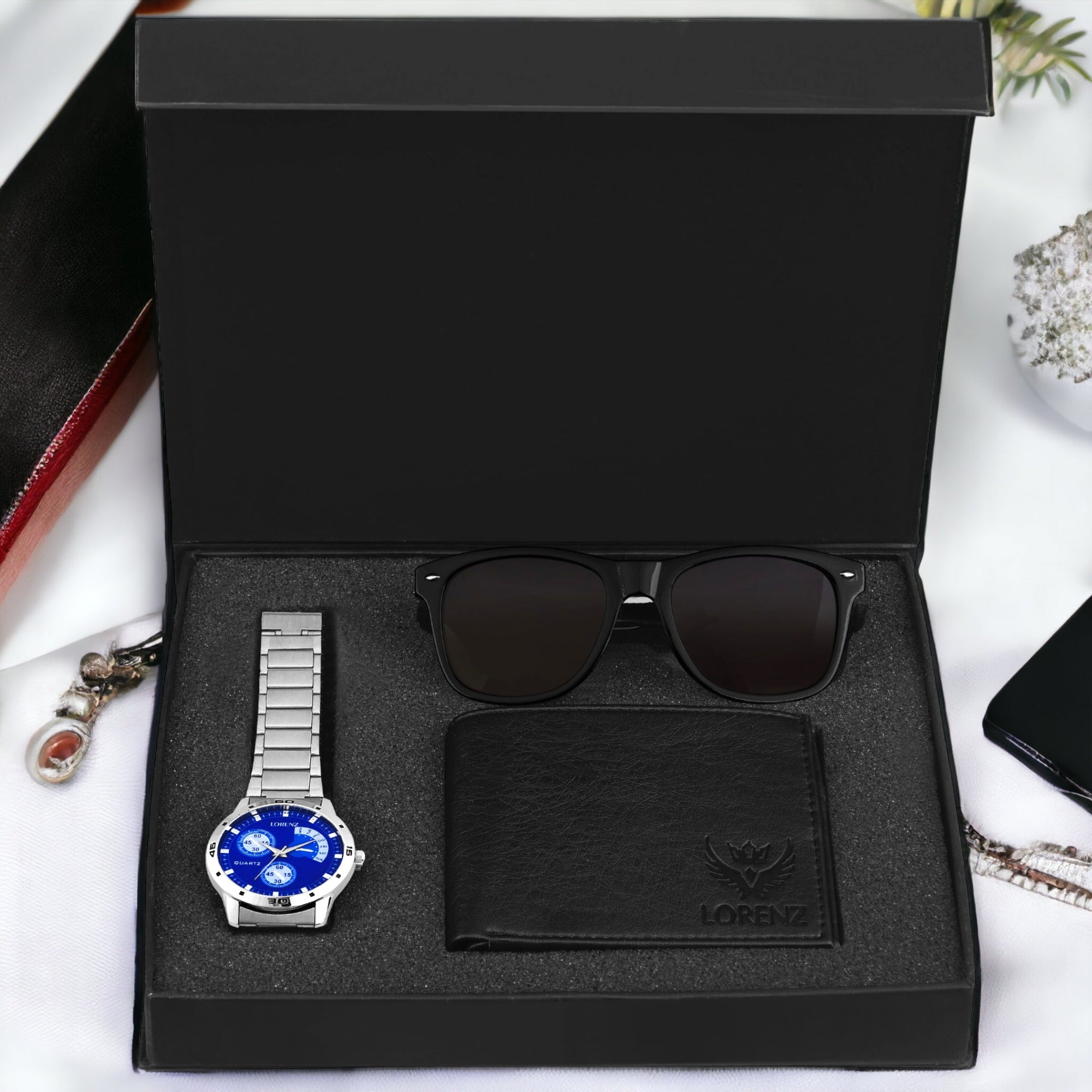 Lorenz Combo of Blue Watch, Black Wallet and Black Sunglasses for Men- CM-1010SN-WL-BLK