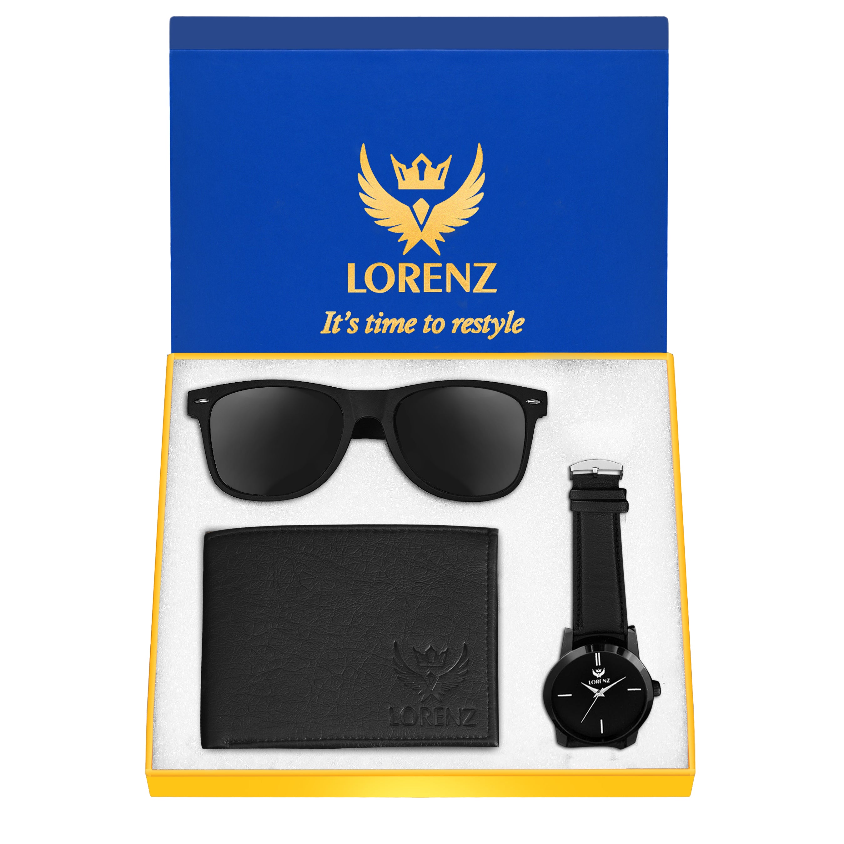 Lorenz Black Dial Watch, Wallet & Sunglasses Gift Set for Men