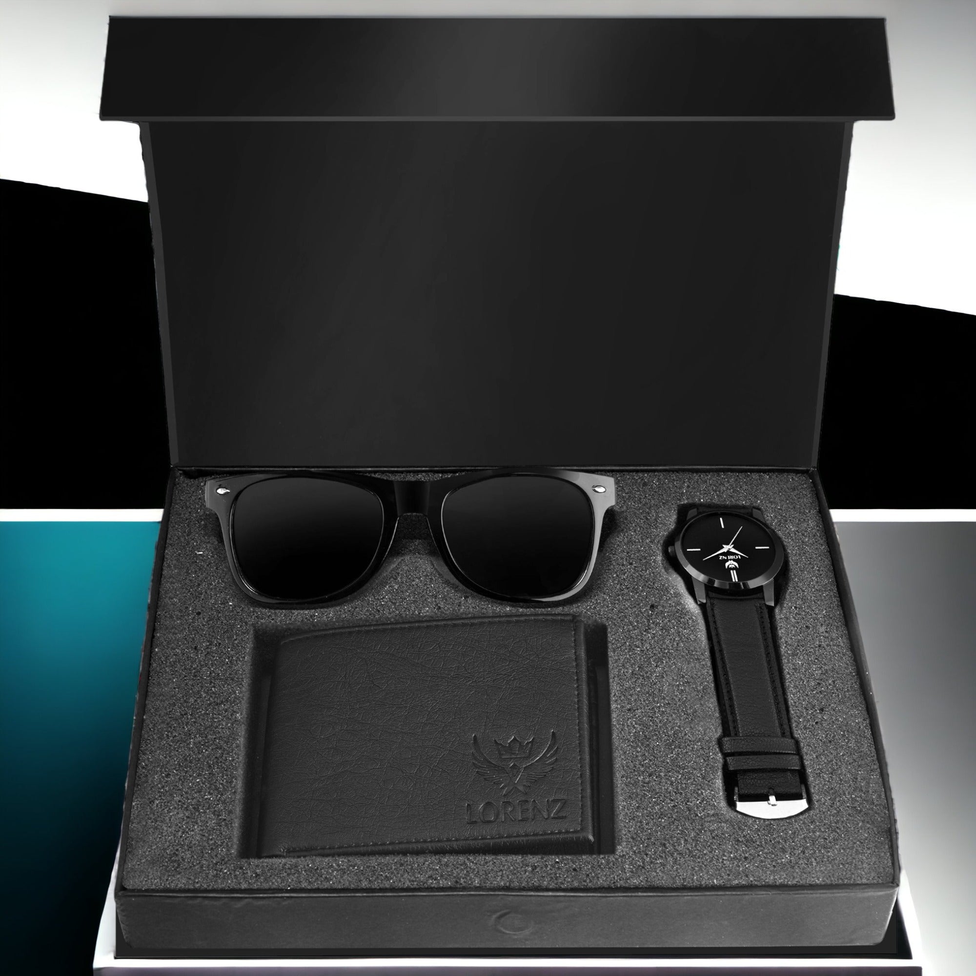 Lorenz Black Dial Watch, Wallet & Sunglasses Gift Set for Men