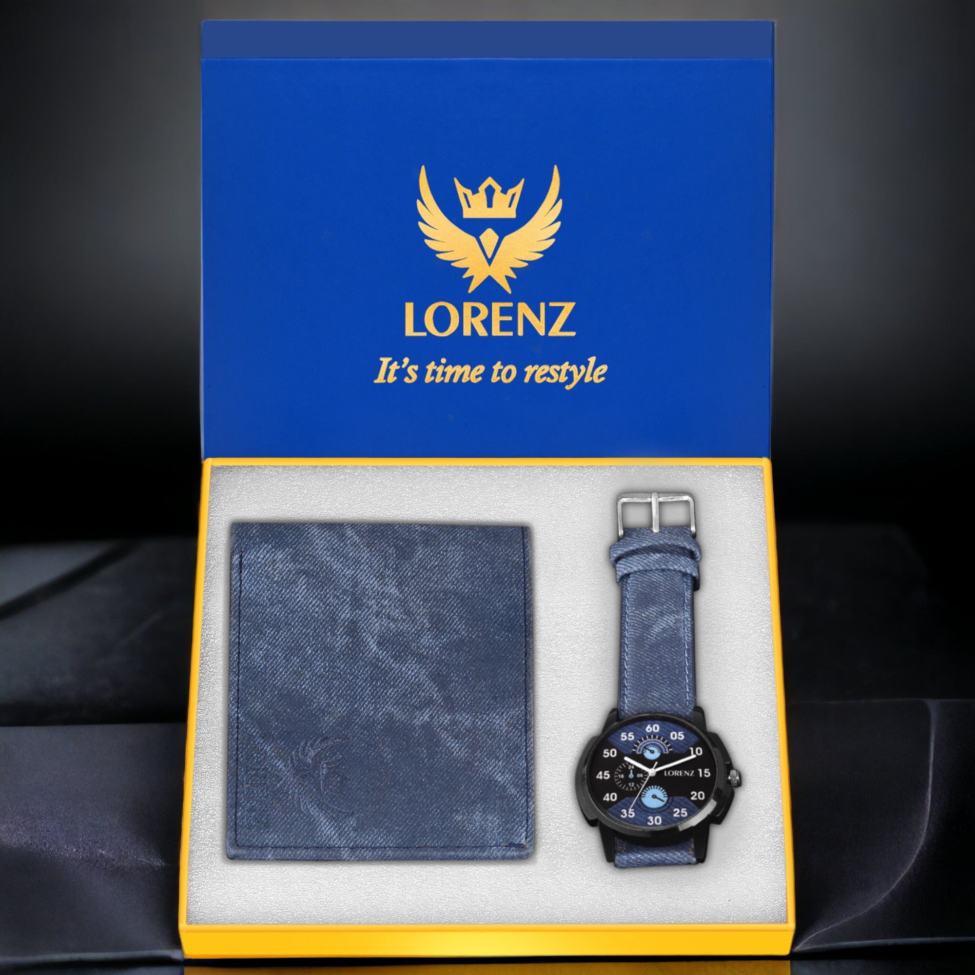 Lorenz CM-105WL-05 Combo of Men's Black Dial Analogue Watch and Blue Denim Wallet