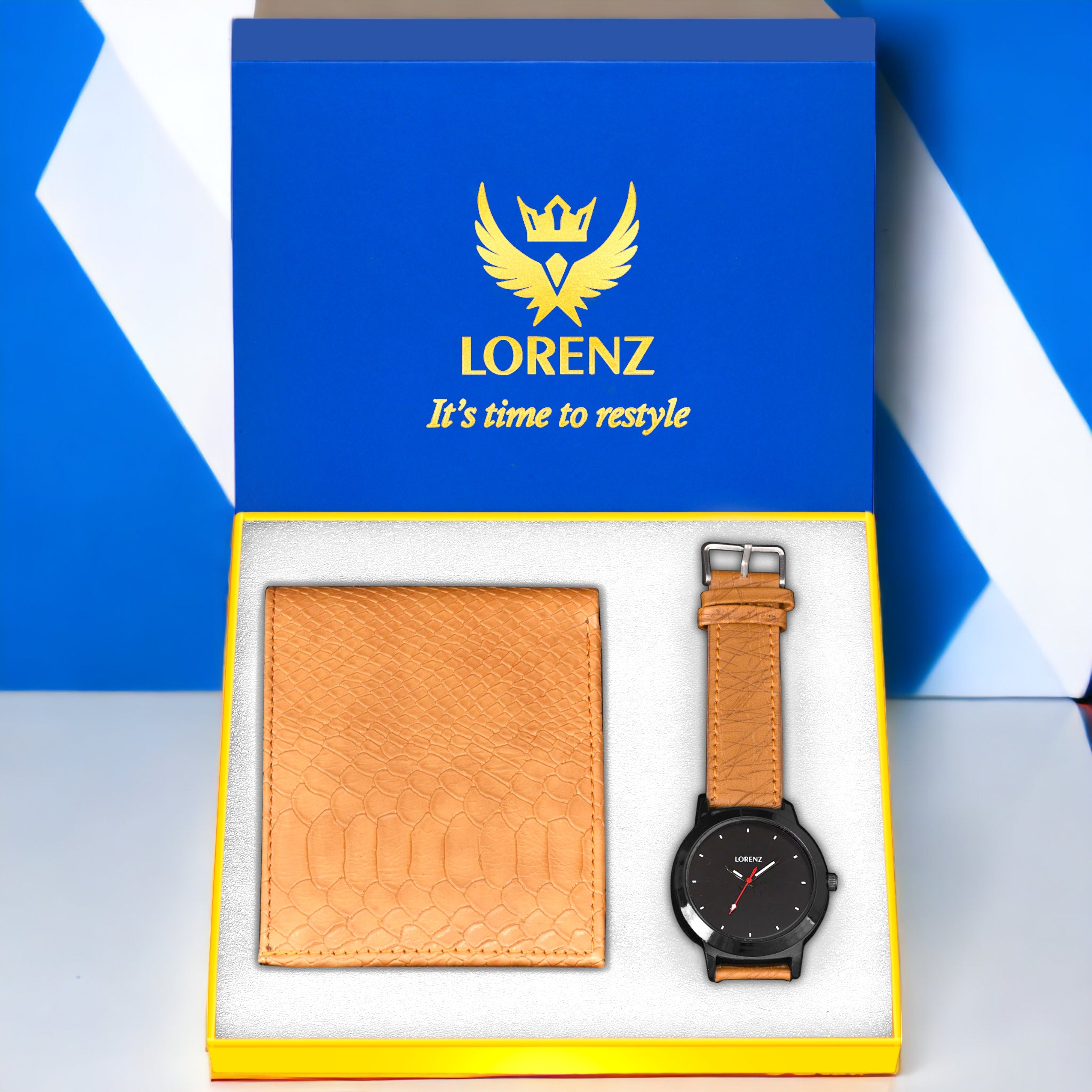 Lorenz Men's Black Dial Watch & Tan Leather Wallet Combo