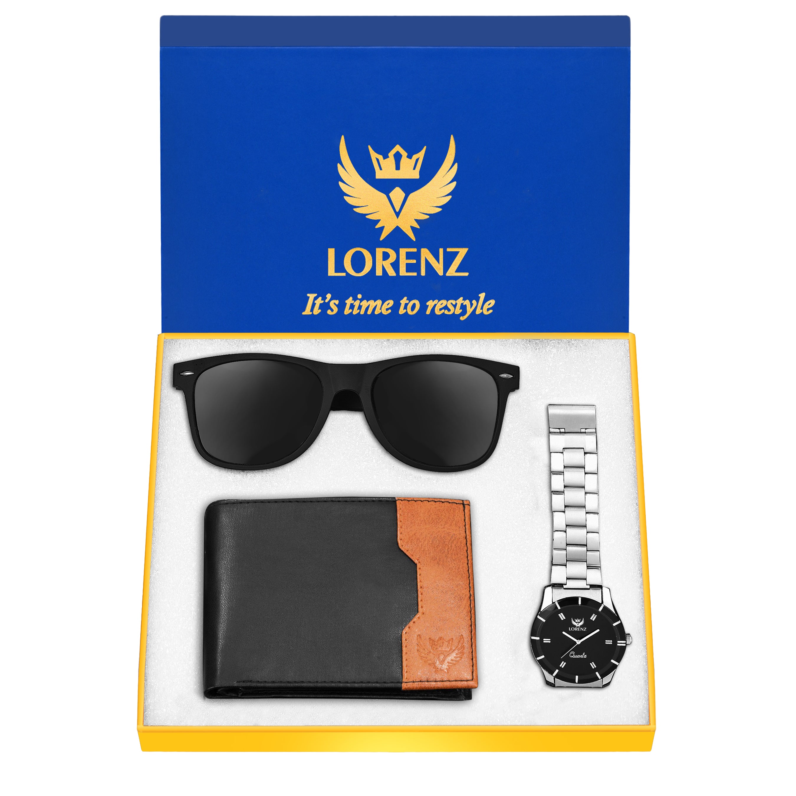 Lorenz Combo of Black Sunglasses, Black Men's Watch & Black Wallet- CM-1066SN-WL-19