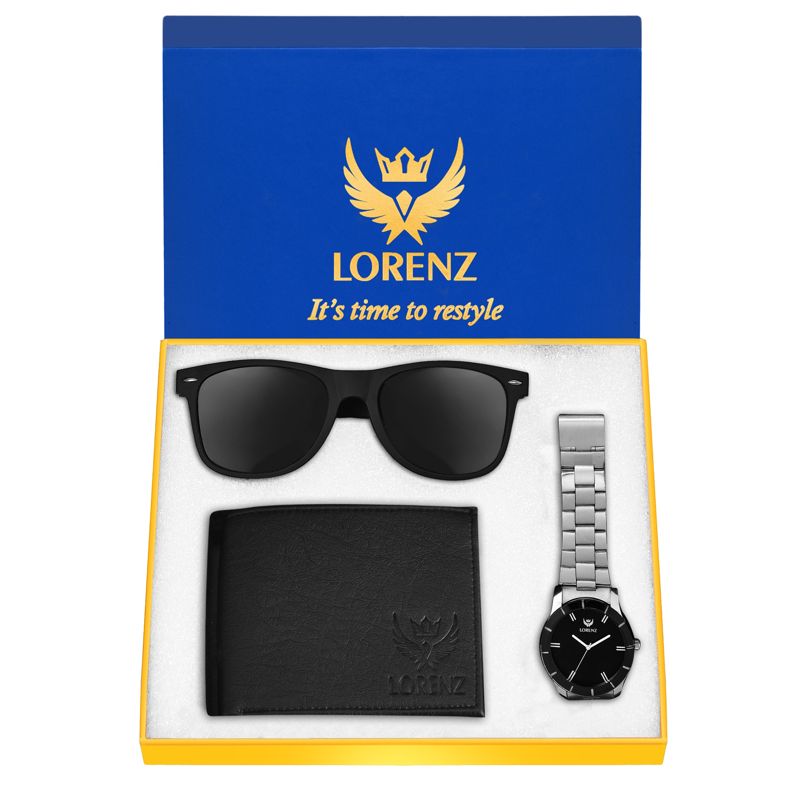 Lorenz Men's Black Dial Watch, Wayfarer Sunglasses & Wallet Gift Set