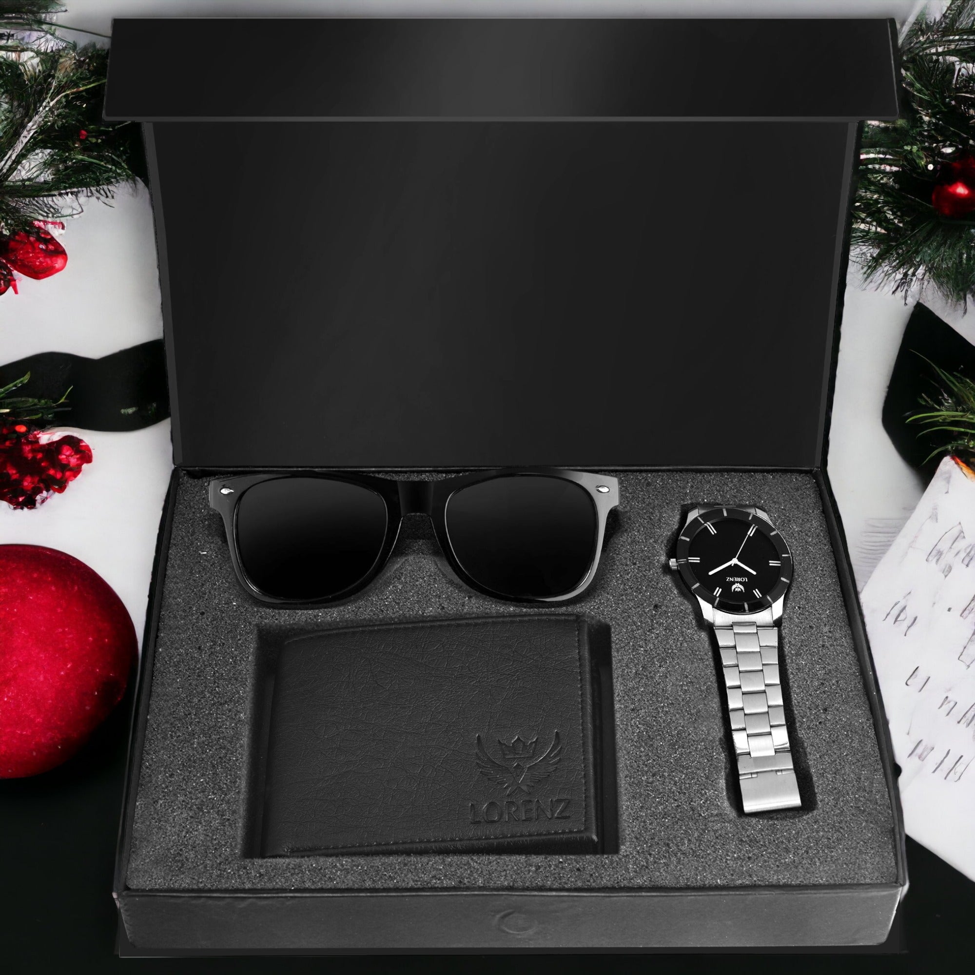 Lorenz Men's Black Dial Watch, Wayfarer Sunglasses & Wallet Gift Set