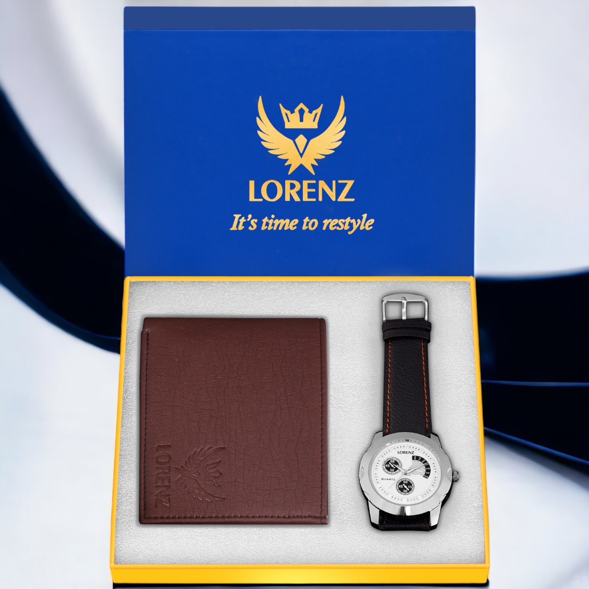 Lorenz Men's Chrono Watch (Black Strap, White Dial) & Brown Leather Wallet Gift Set