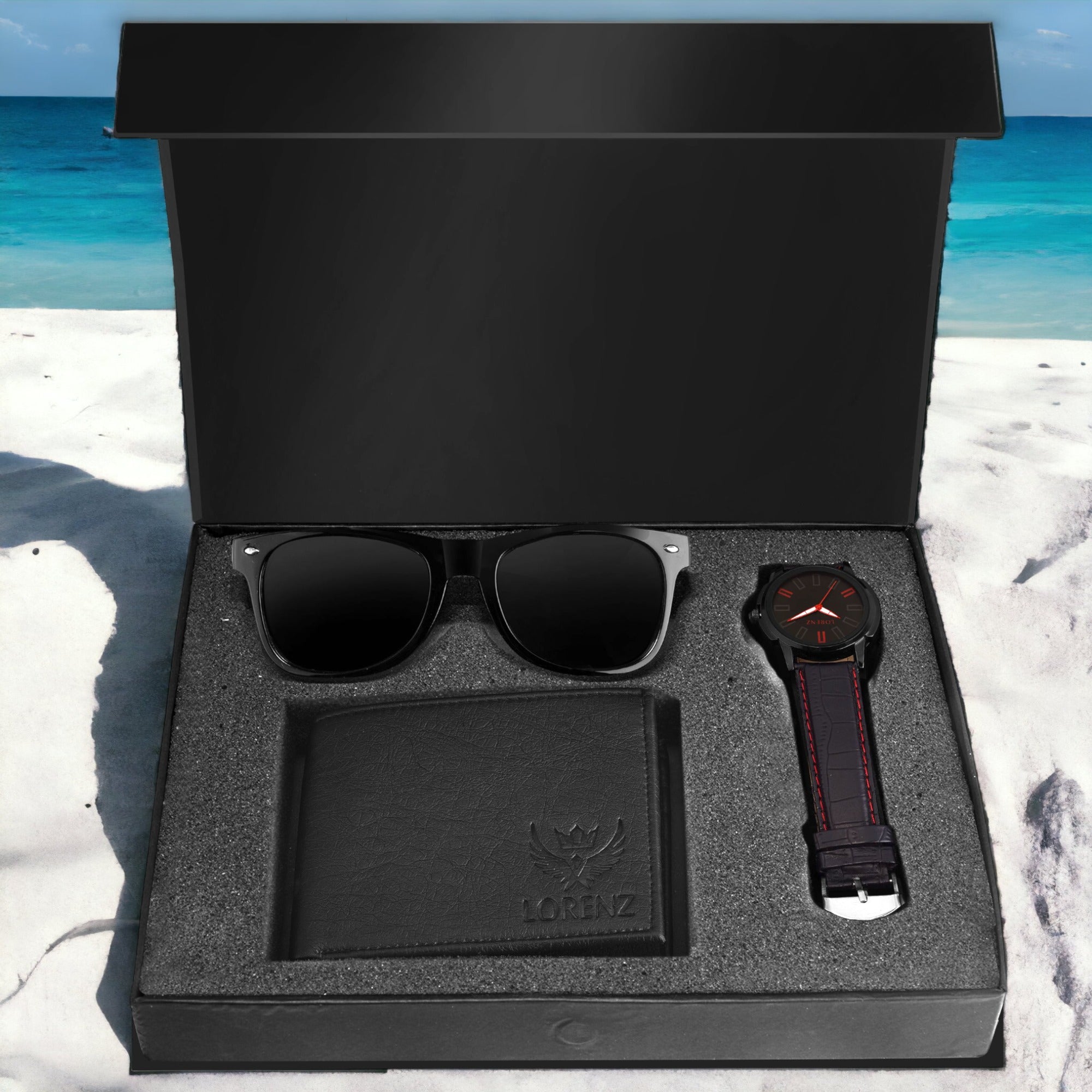 Lorenz Combo of Black Men's Wallet,Sunglasses & Watch