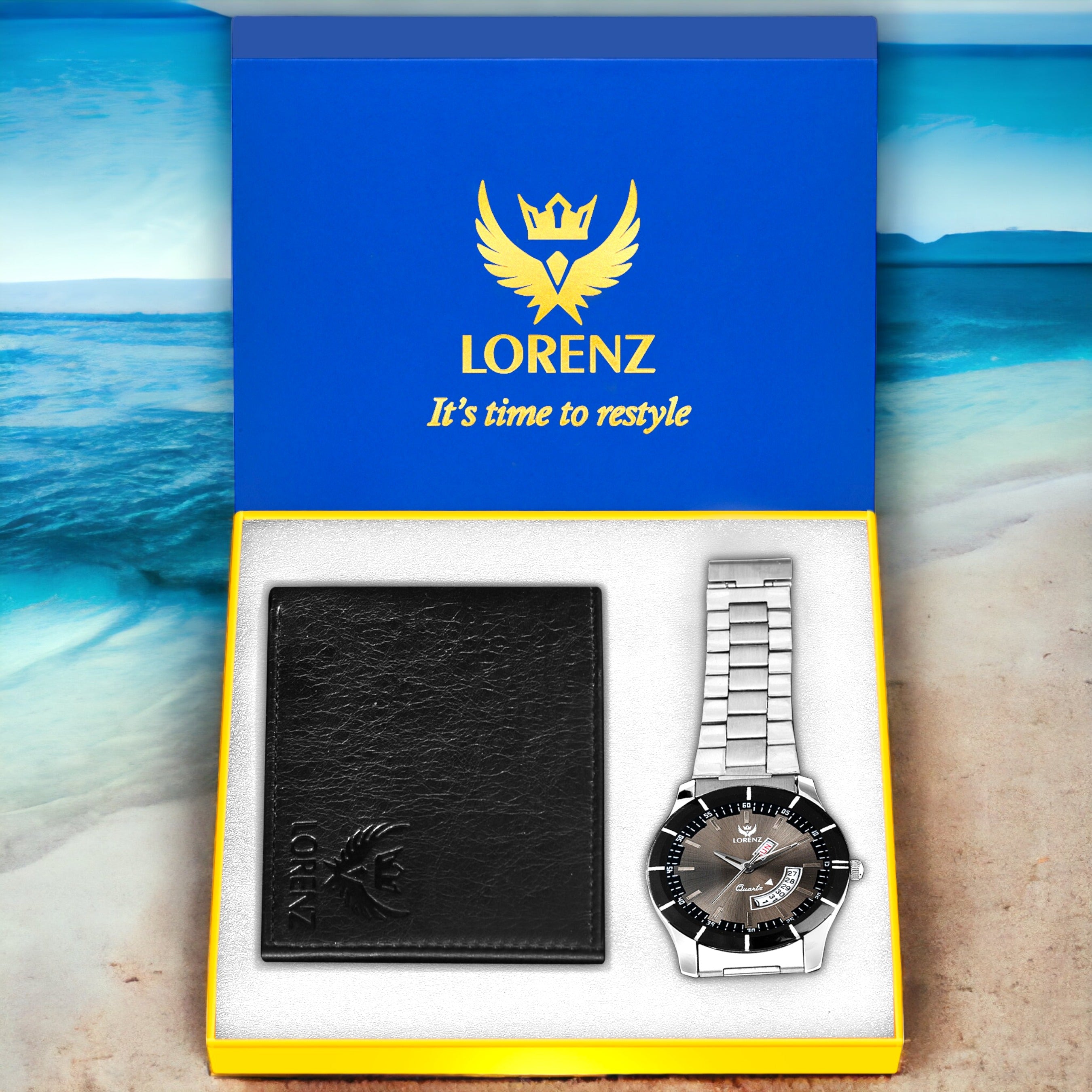 Lorenz Men's Grey Dial Watch & Black Leather Wallet Combo Gift Set