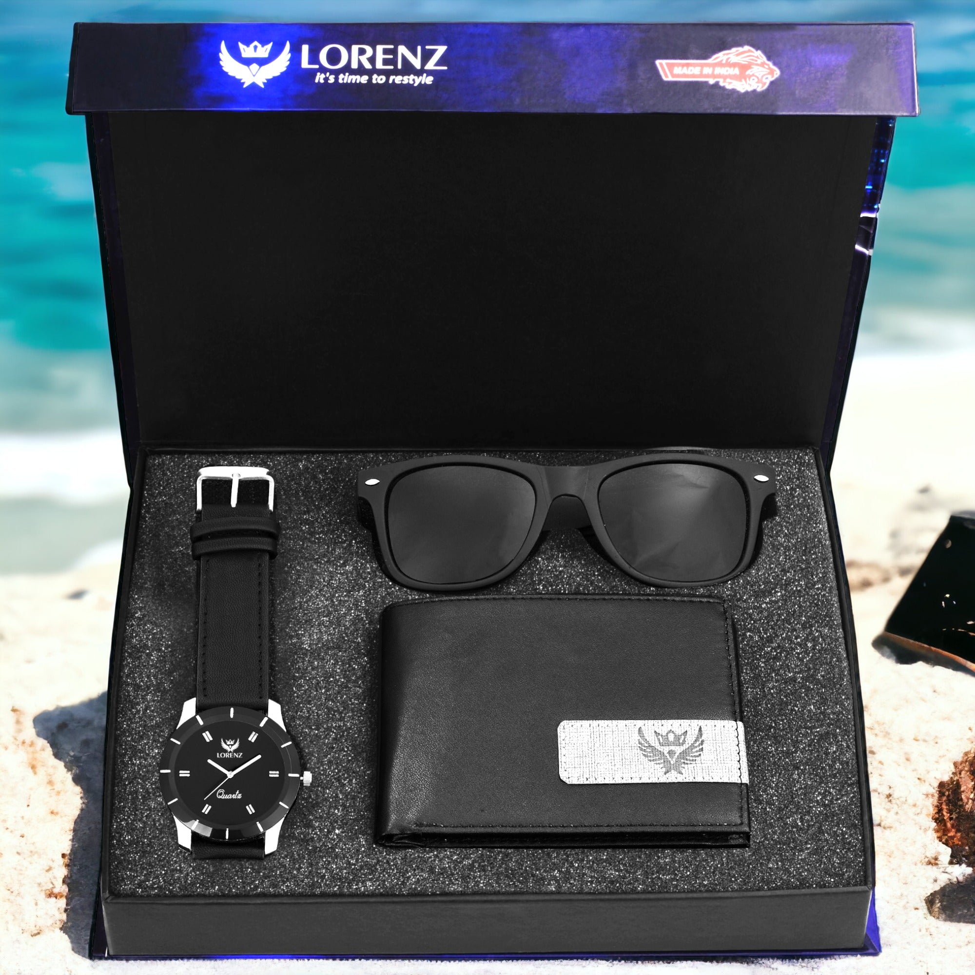 Lorenz Black Men's Watch, Wallet Sunglasses Gift Set Classic