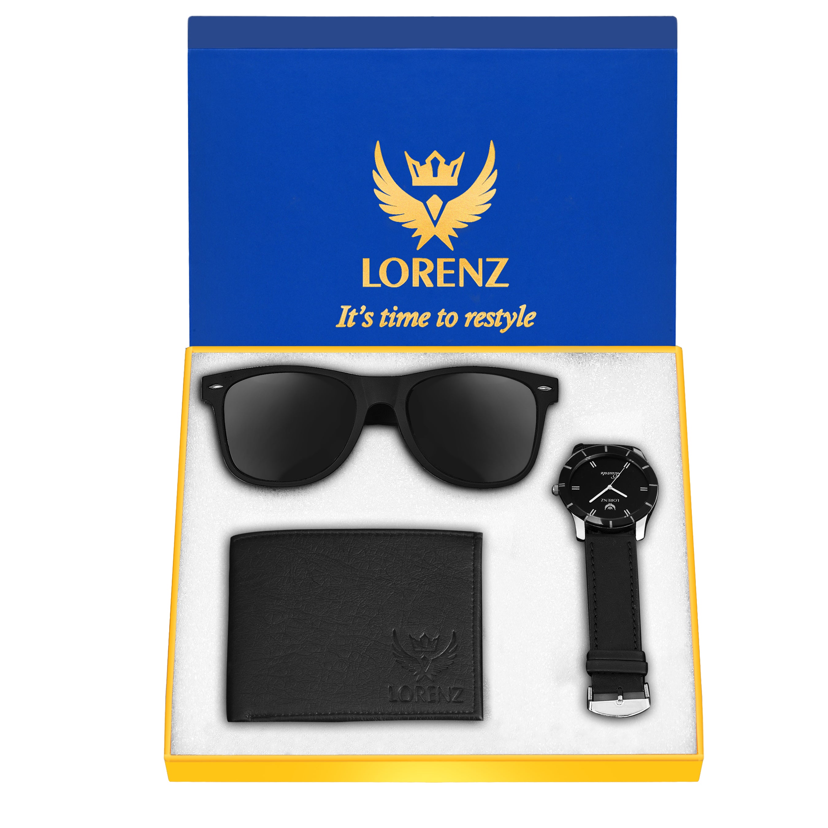 LORENZ Combo of Black Men's Wallet,Sunglasses & Watch CM-109SN-WL-BLK