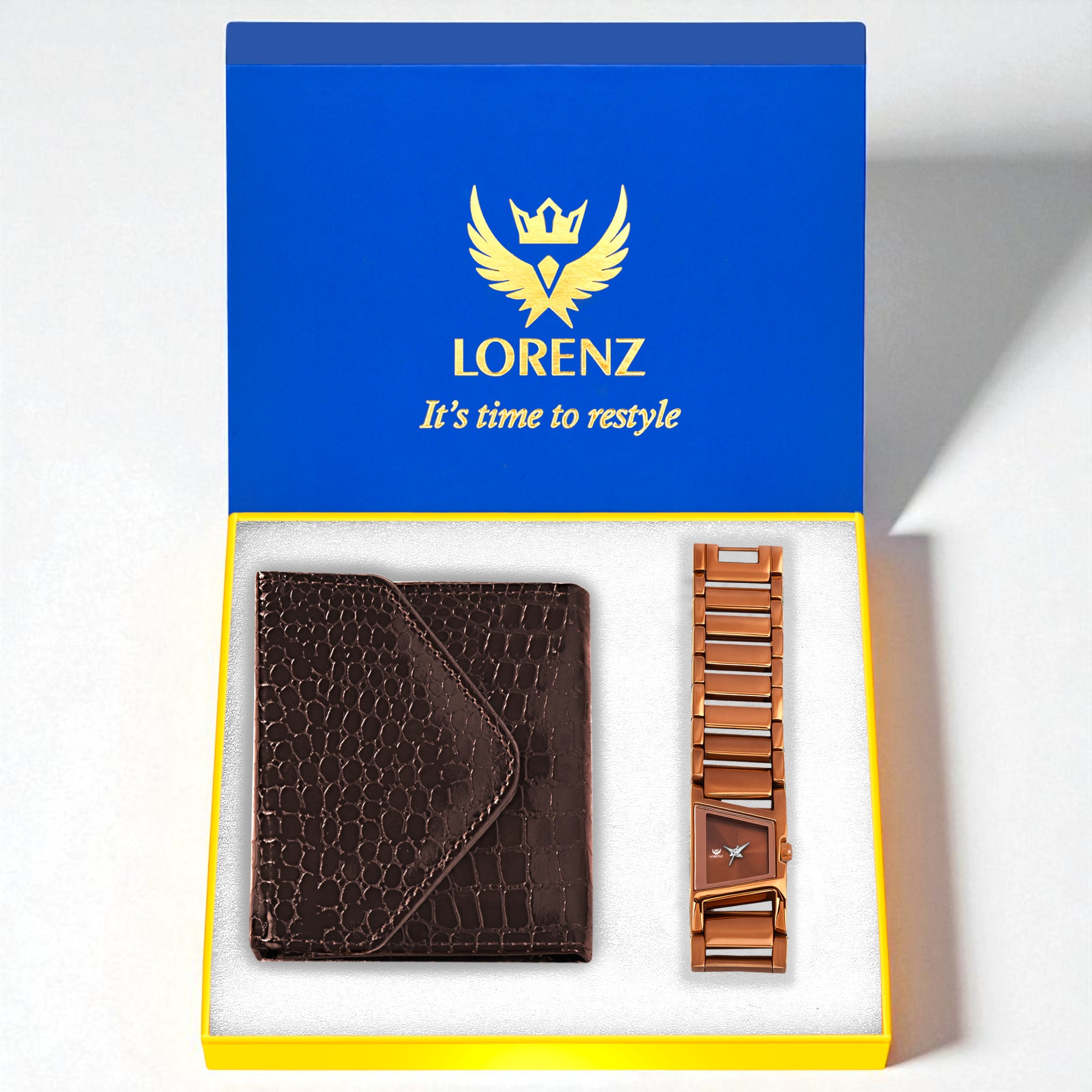 Lorenz Women’s Gift Set – Premium Brown Wallet & Stylish Rose Gold Bracelet Watch in Gift Box