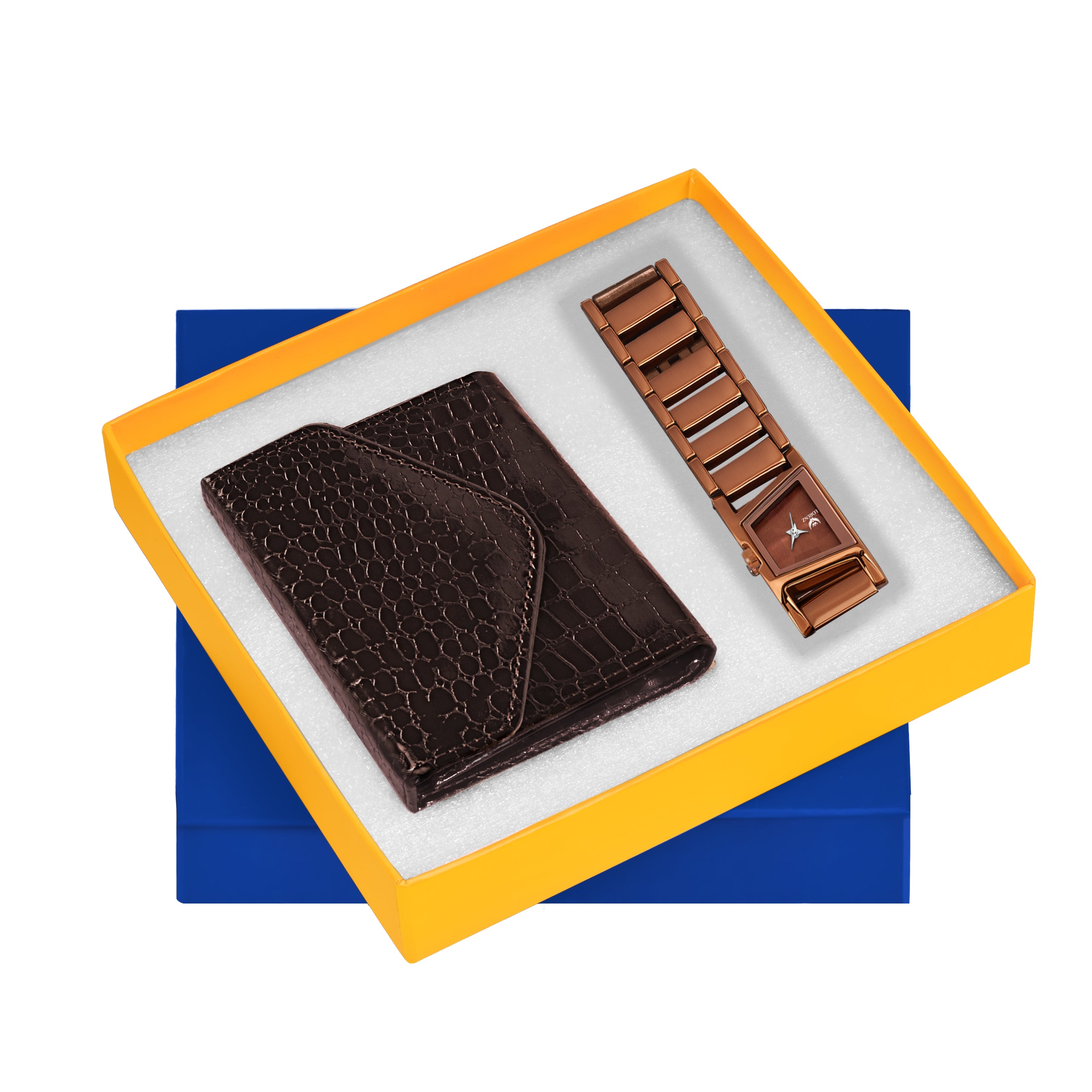 Lorenz Women’s Gift Set – Premium Brown Wallet & Stylish Rose Gold Bracelet Watch in Gift Box