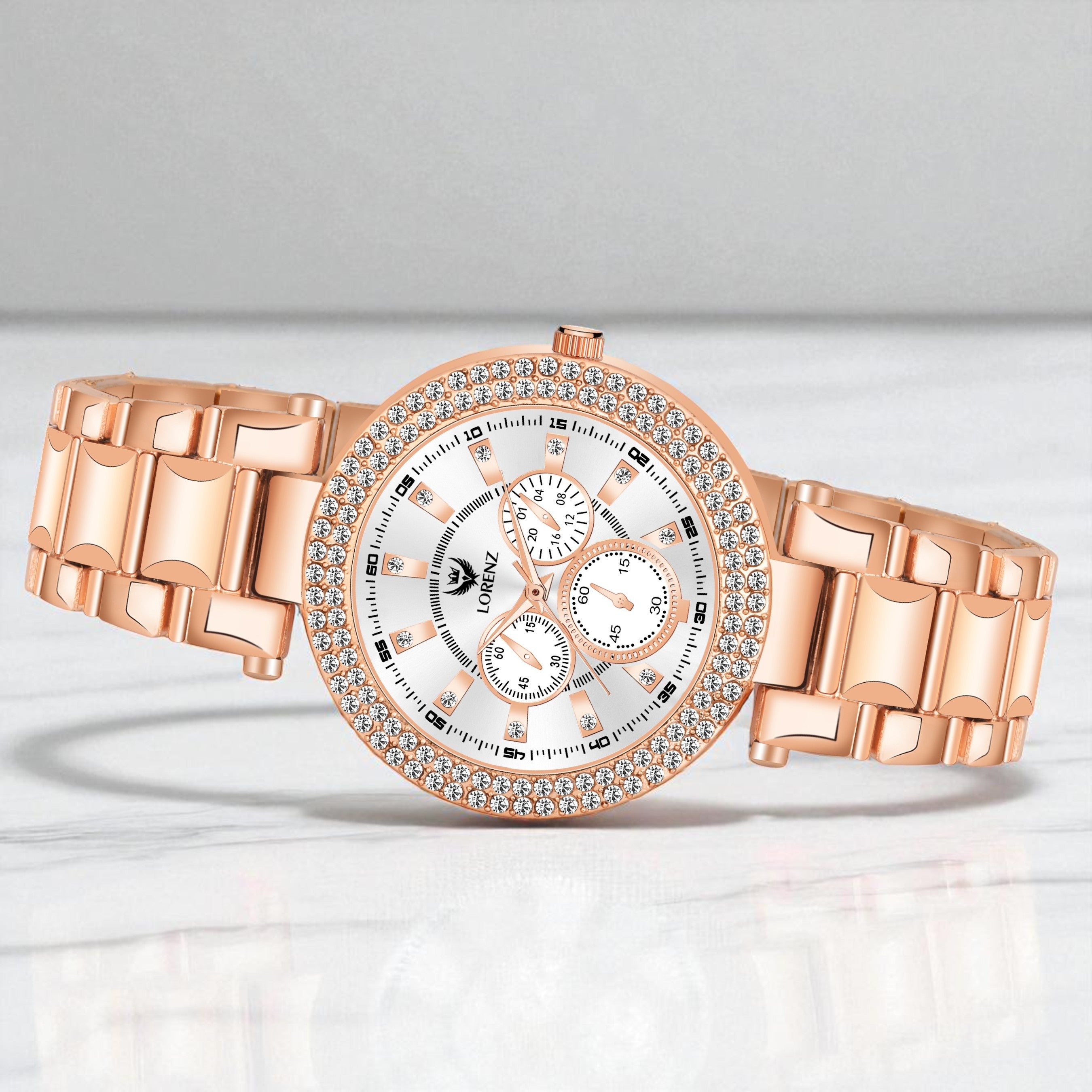 Lorenz Women’s Gift Set – Elegant Rose Gold Wallet & Crystal Studded Rose Gold Watch in Premium Gift Box