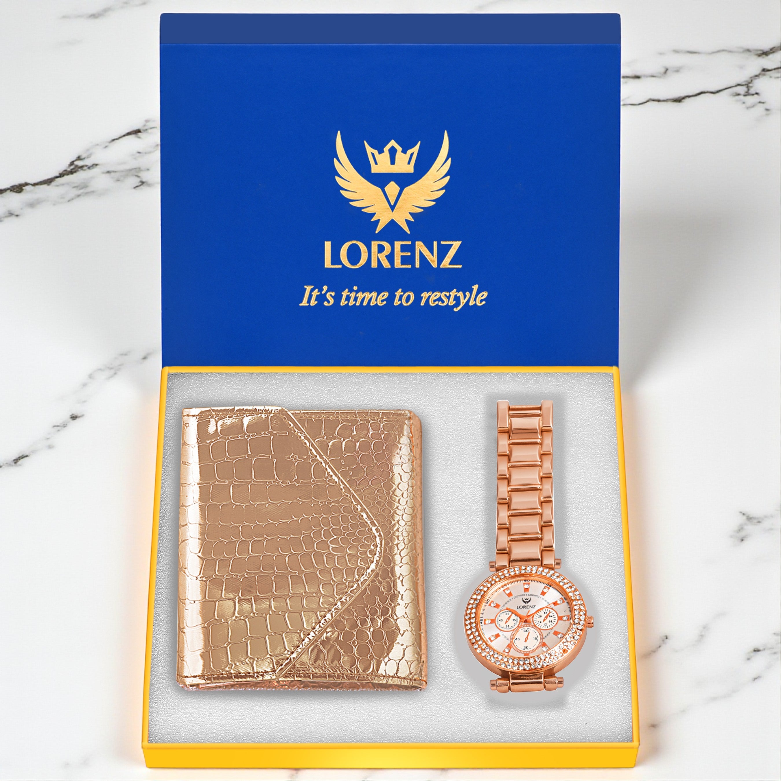 Lorenz Women’s Gift Set – Elegant Rose Gold Wallet & Crystal Studded Rose Gold Watch in Premium Gift Box