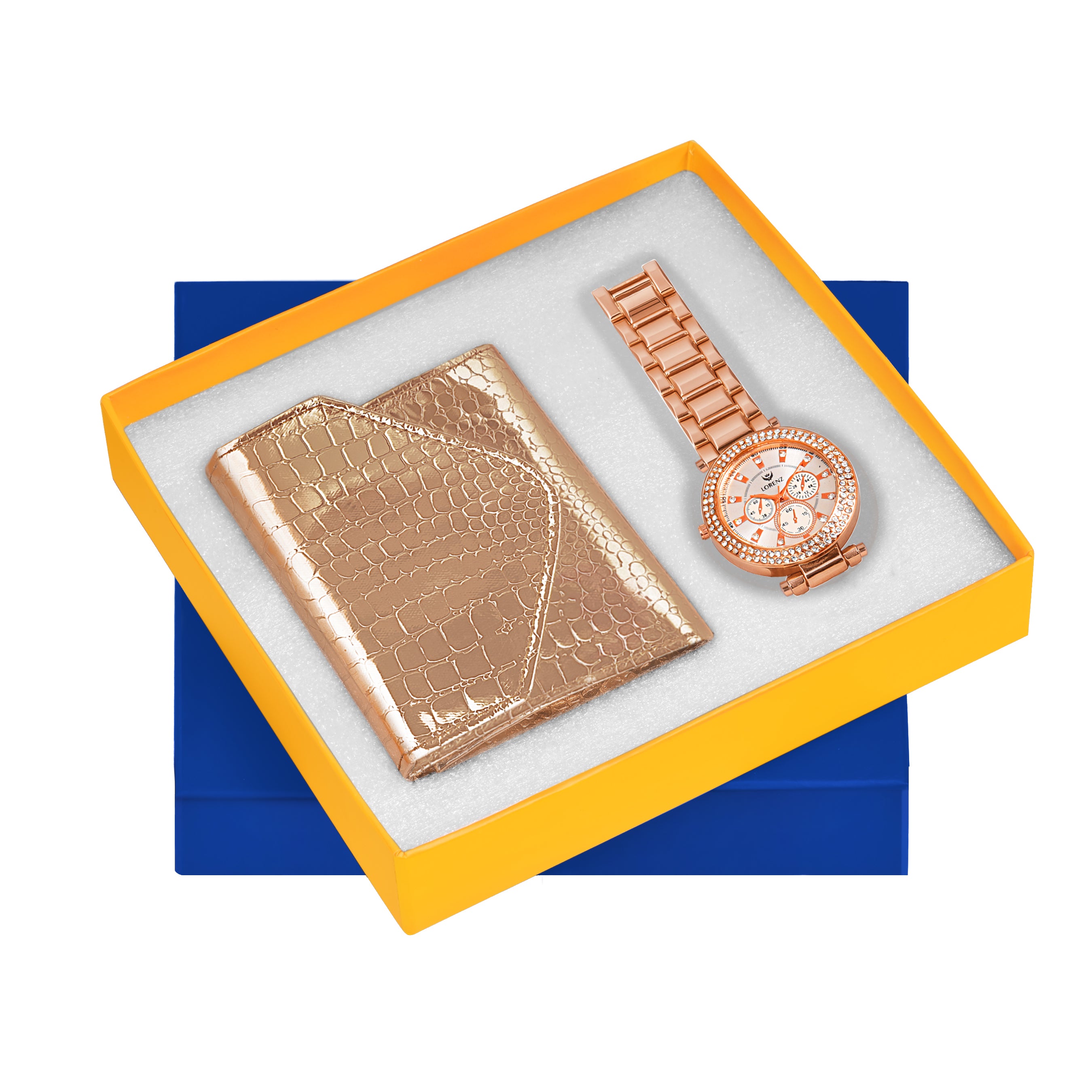 Lorenz Women’s Gift Set – Elegant Rose Gold Wallet & Crystal Studded Rose Gold Watch in Premium Gift Box