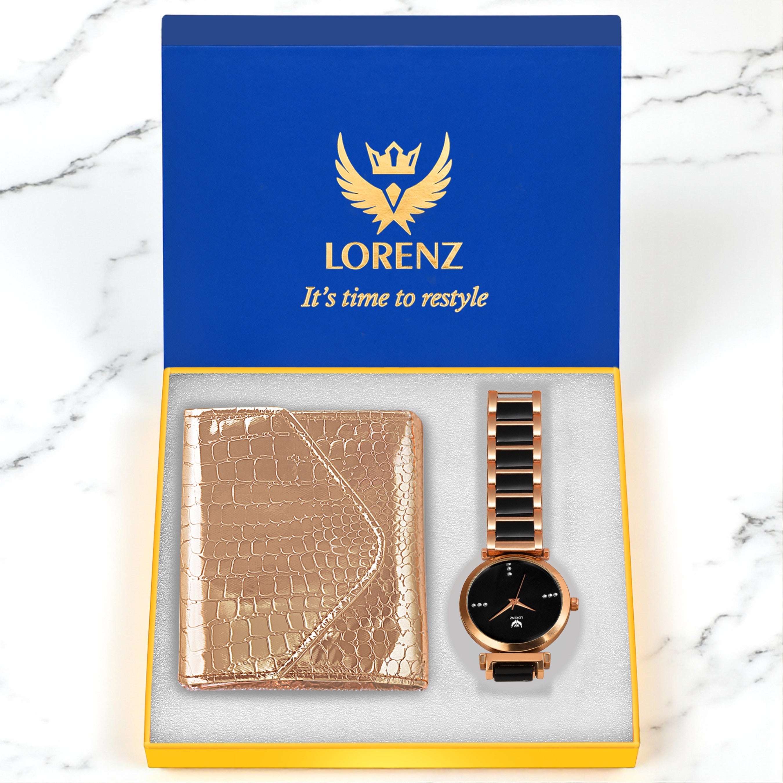 Lorenz Women’s Gift Set – Stylish Gold Wallet & Black Dial Bracelet Watch in Premium Gift Box