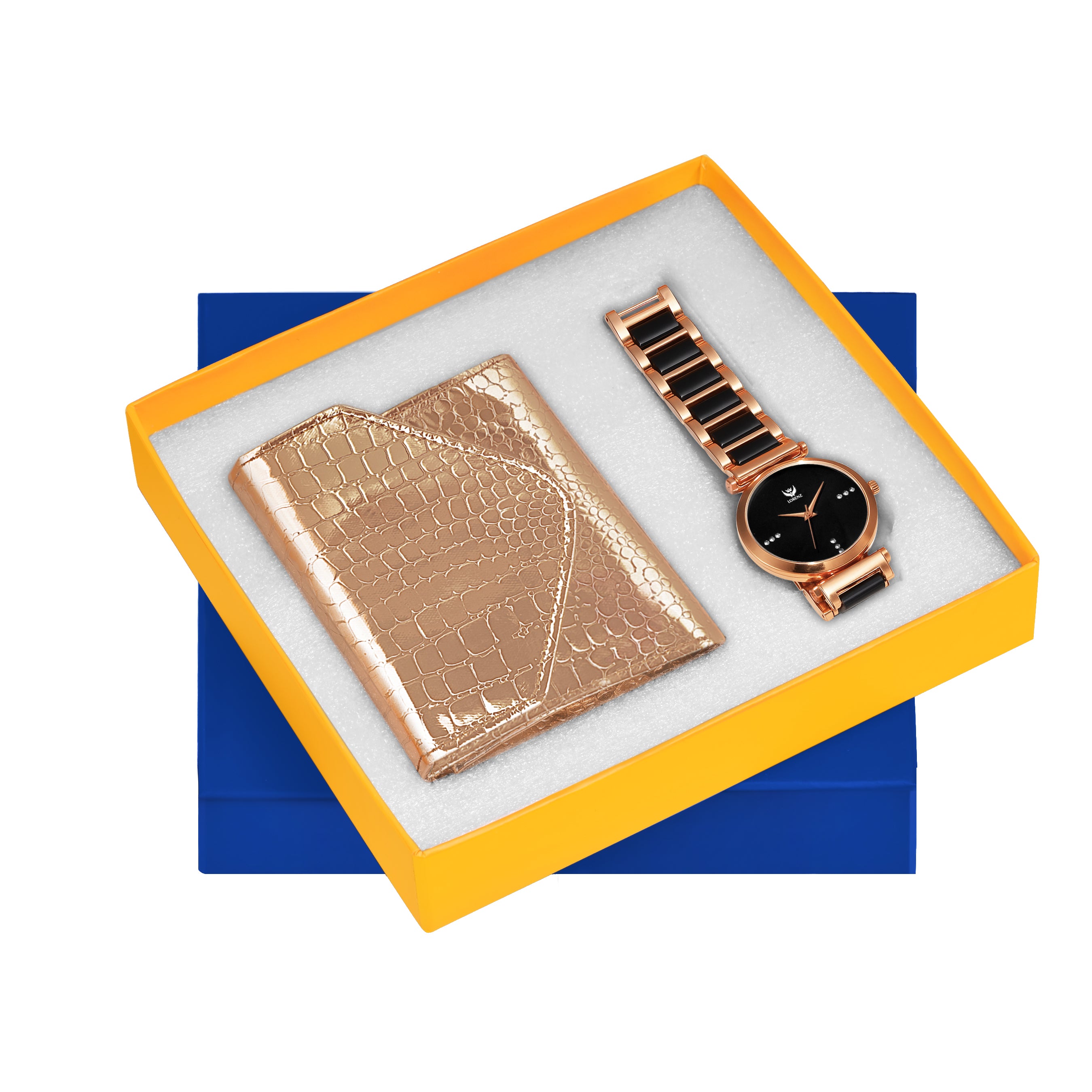 Lorenz Women’s Gift Set – Stylish Gold Wallet & Black Dial Bracelet Watch in Premium Gift Box