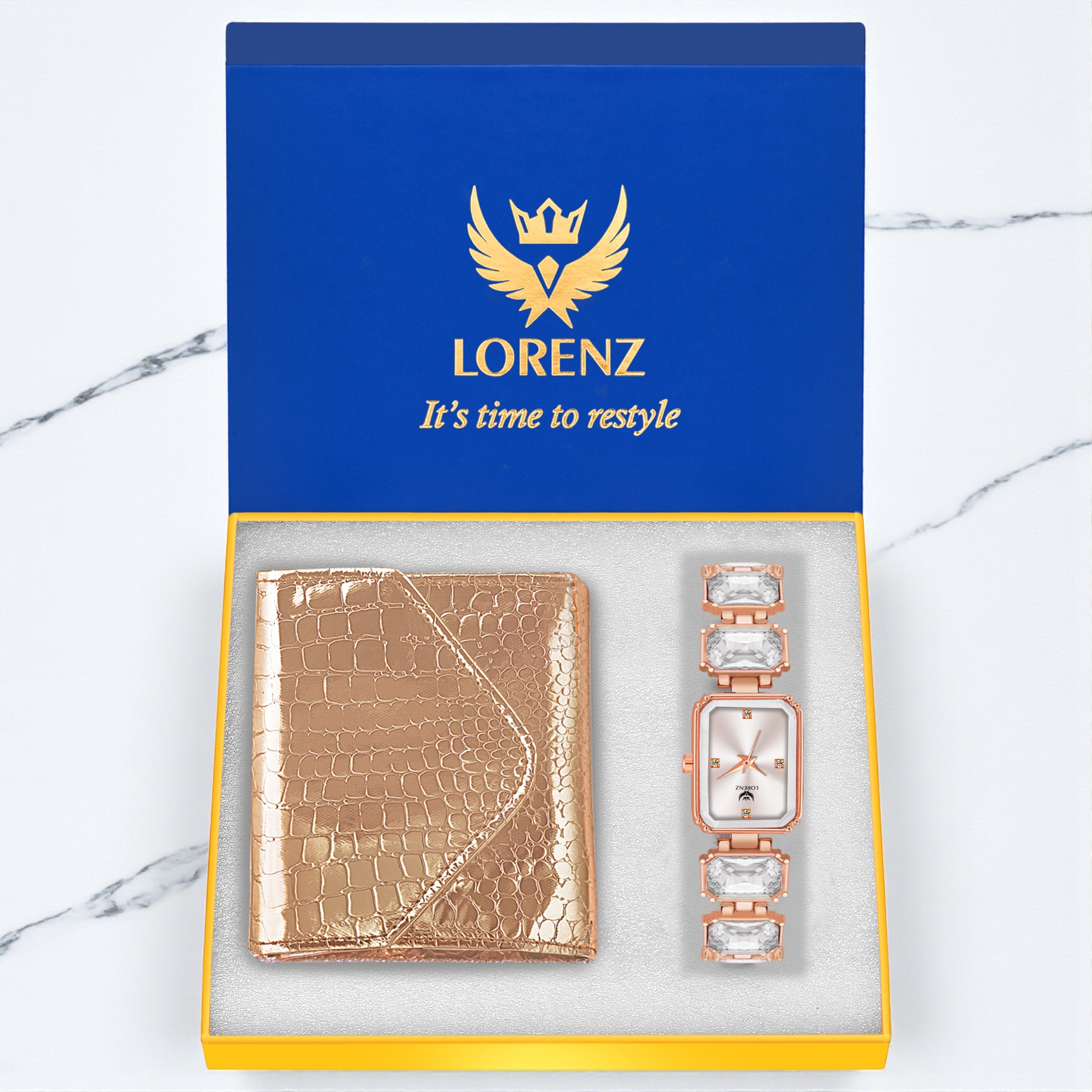 Lorenz Women’s Gift Set – Elegant Gold Wallet with Multiple Compartments & Crystal Bracelet Watch in Premium Gift Box