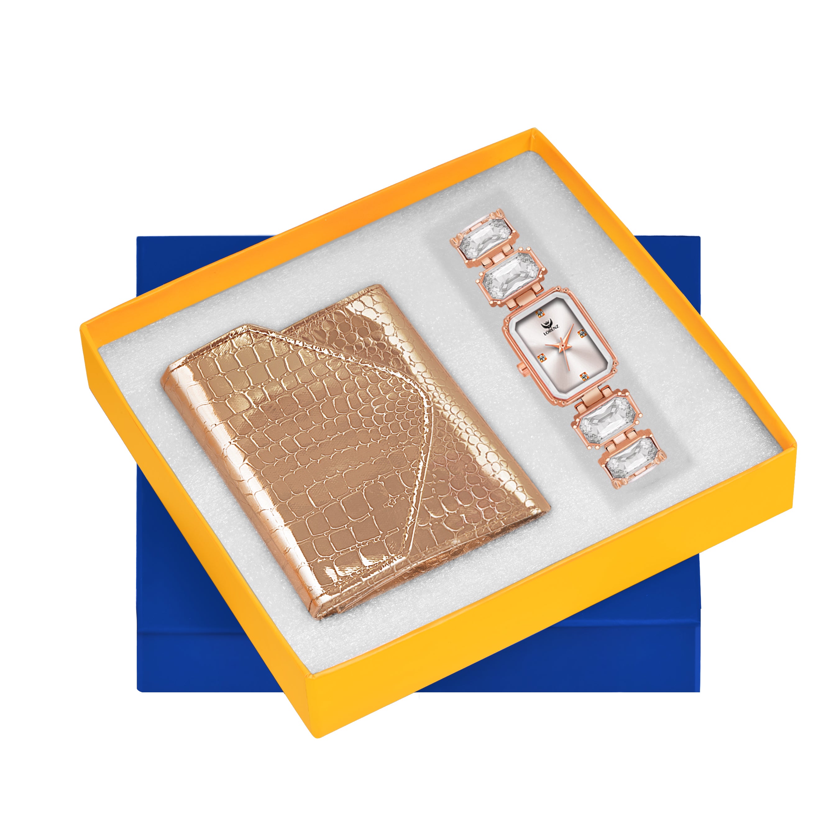 Lorenz Women’s Gift Set – Elegant Gold Wallet with Multiple Compartments & Crystal Bracelet Watch in Premium Gift Box