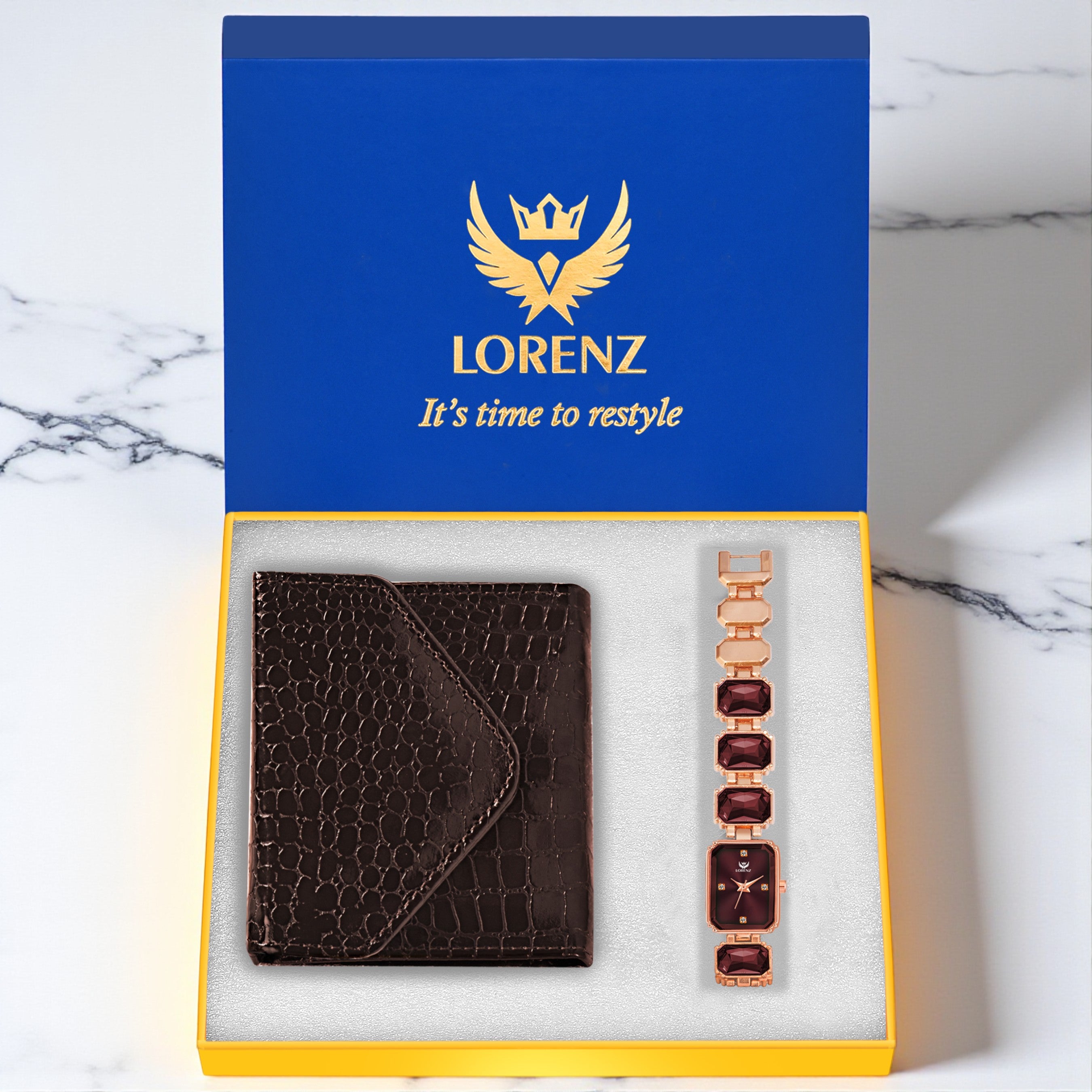 Lorenz Women’s Gift Set – Stylish Brown Wallet & Rose Gold Bracelet Watch in Premium Gift Box