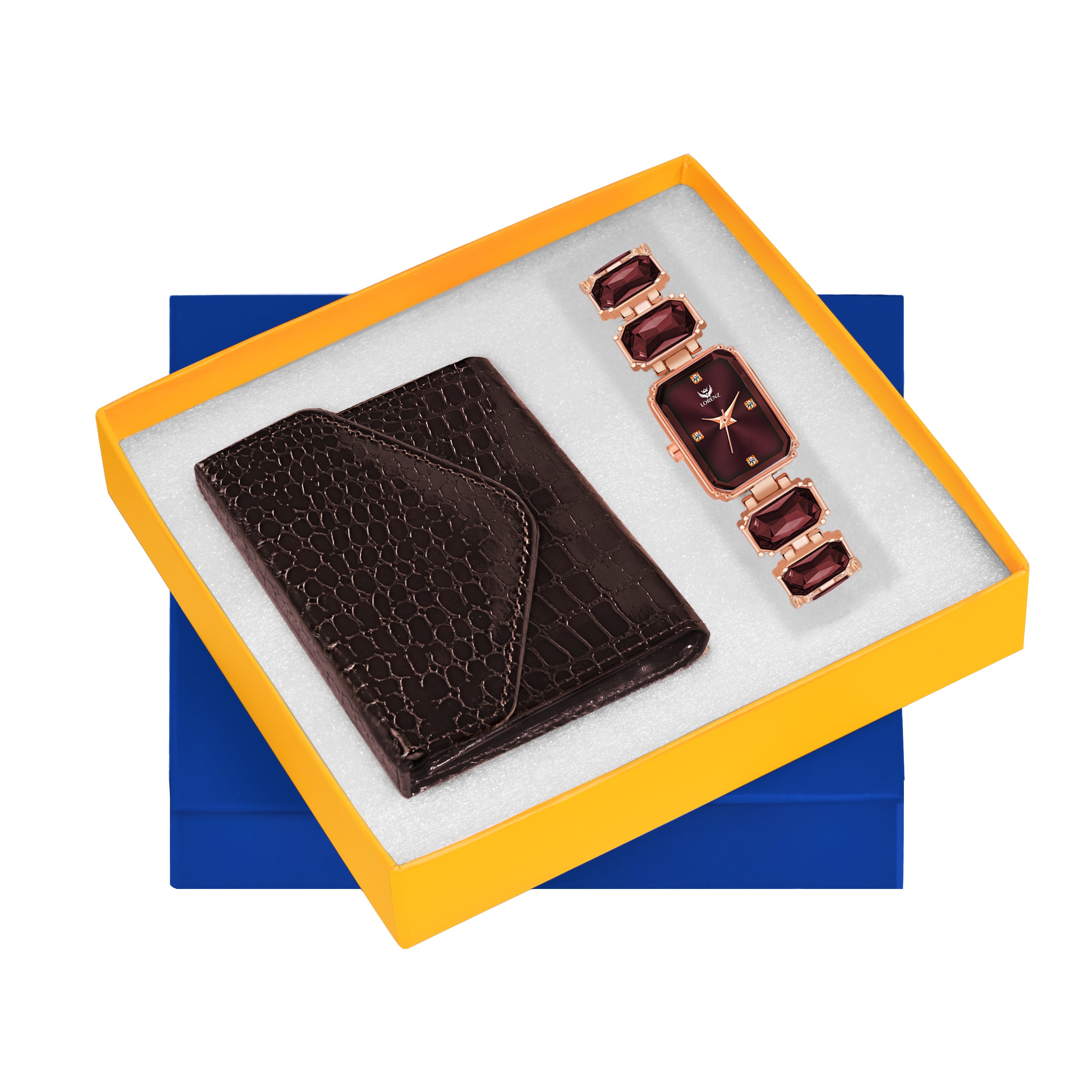 Lorenz Women’s Gift Set – Stylish Brown Wallet & Rose Gold Bracelet Watch in Premium Gift Box