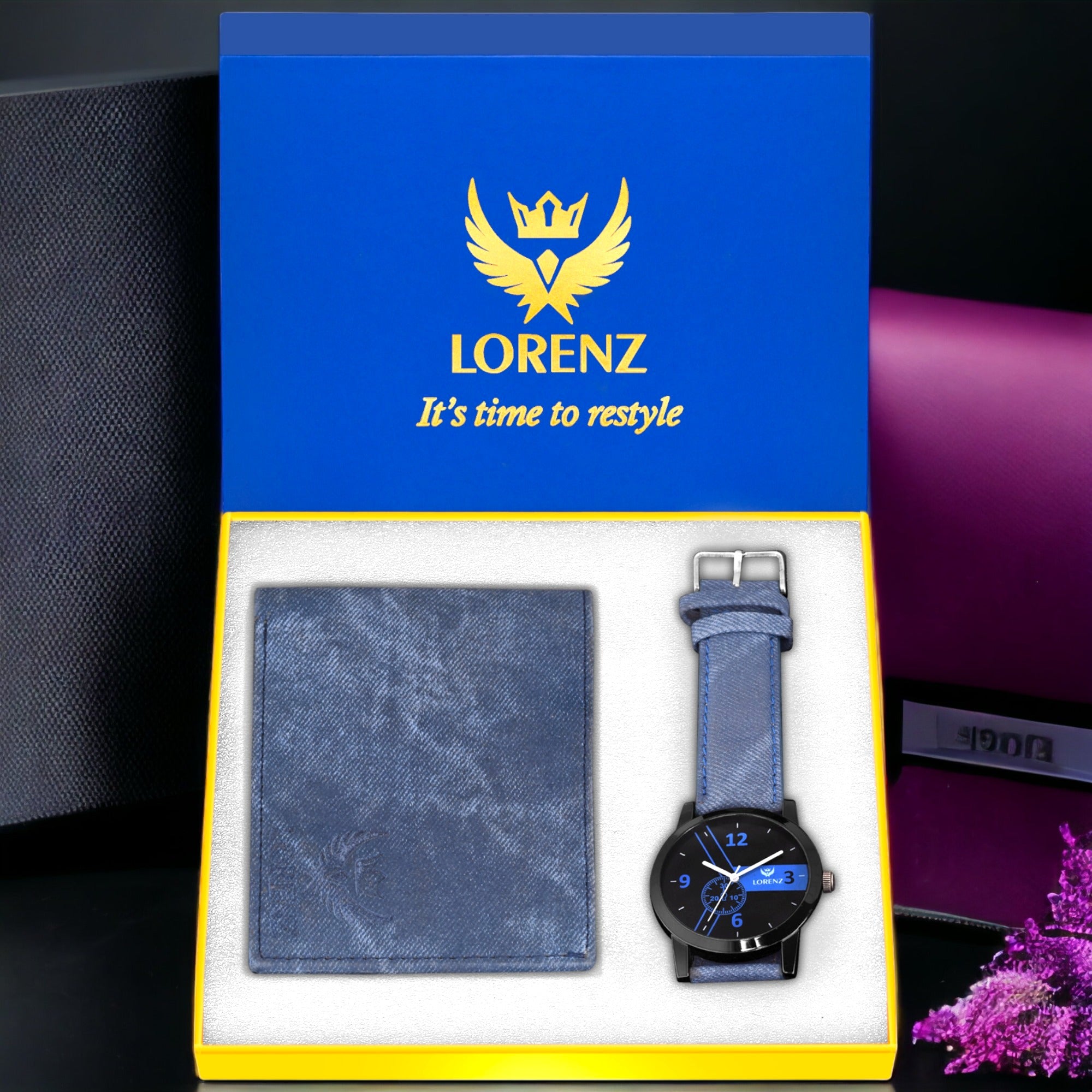 Lorenz CM-2014WL-05 Combo of Men's Black Dial Analogue Watch and Blue Denim Wallet