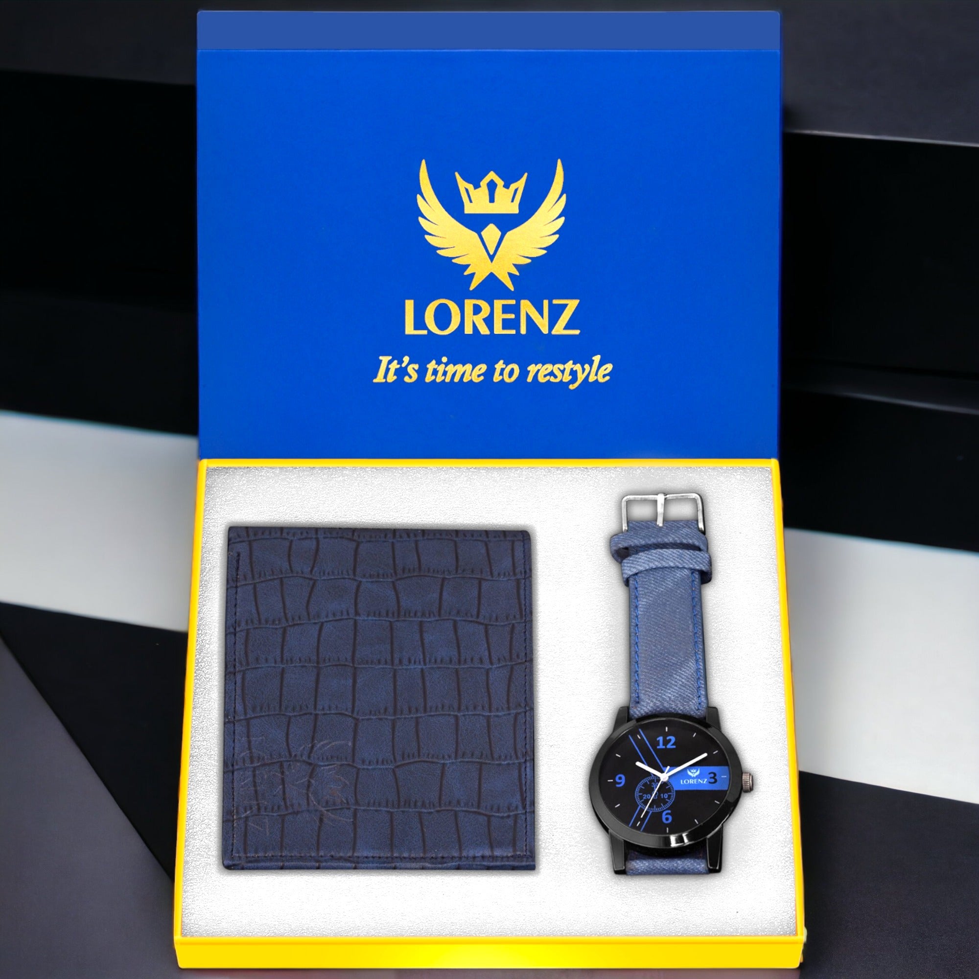 Lorenz CM-2014WL-06 Combo of Black Dial Analogue Watch and Blue Wallet for Men