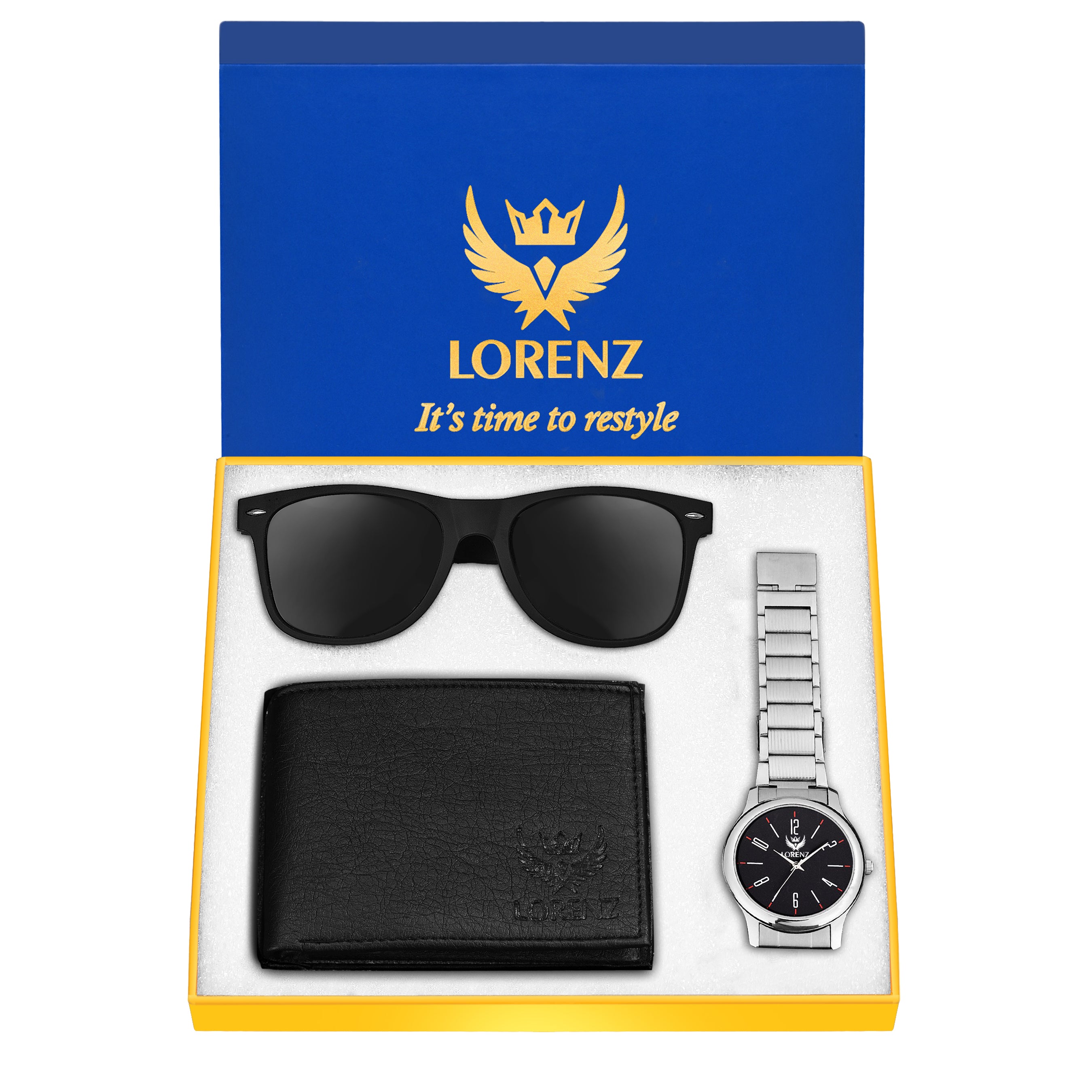 Lorenz Combo of Black Sunglasses, Men's Watch & Black Wallet