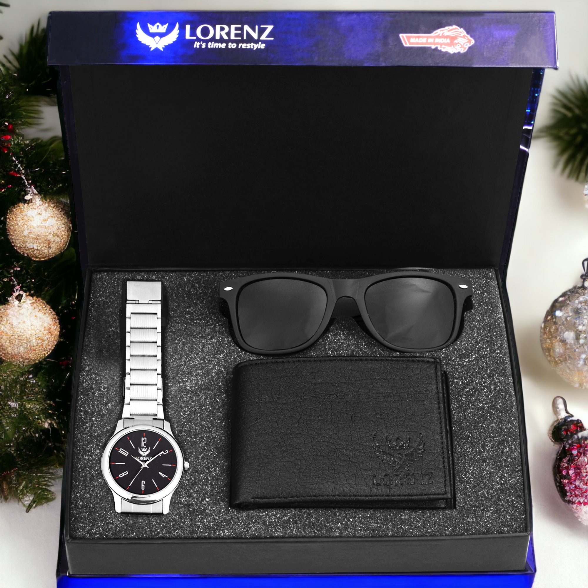 Lorenz Combo of Black Sunglasses, Men's Watch & Black Wallet