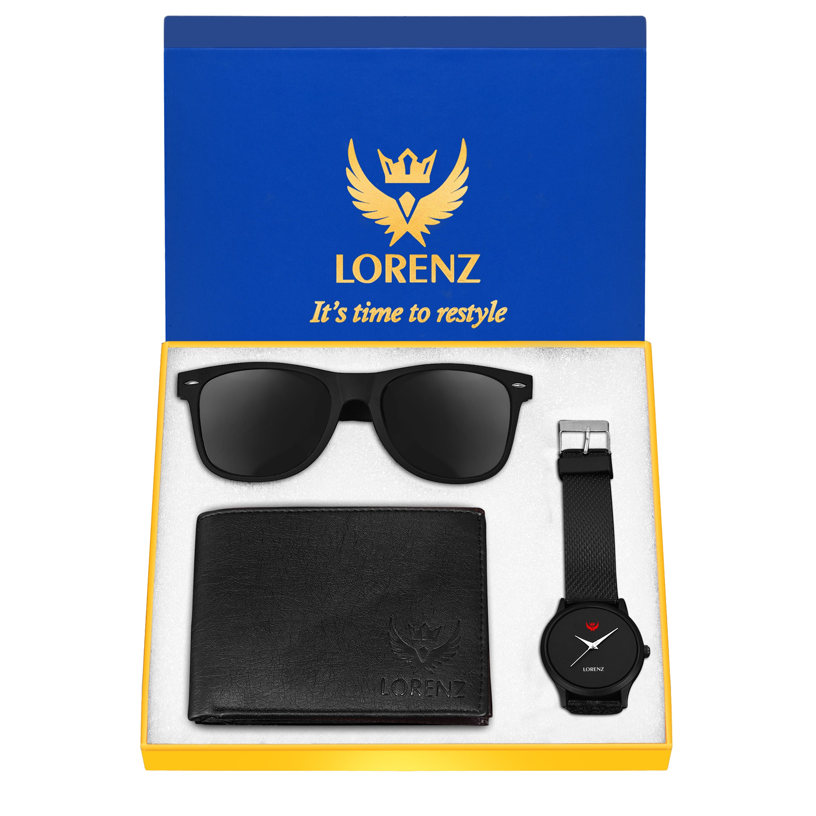 Lorenz Black Men's Watch,Black Wallet & Black Sunglasses Combo for Men