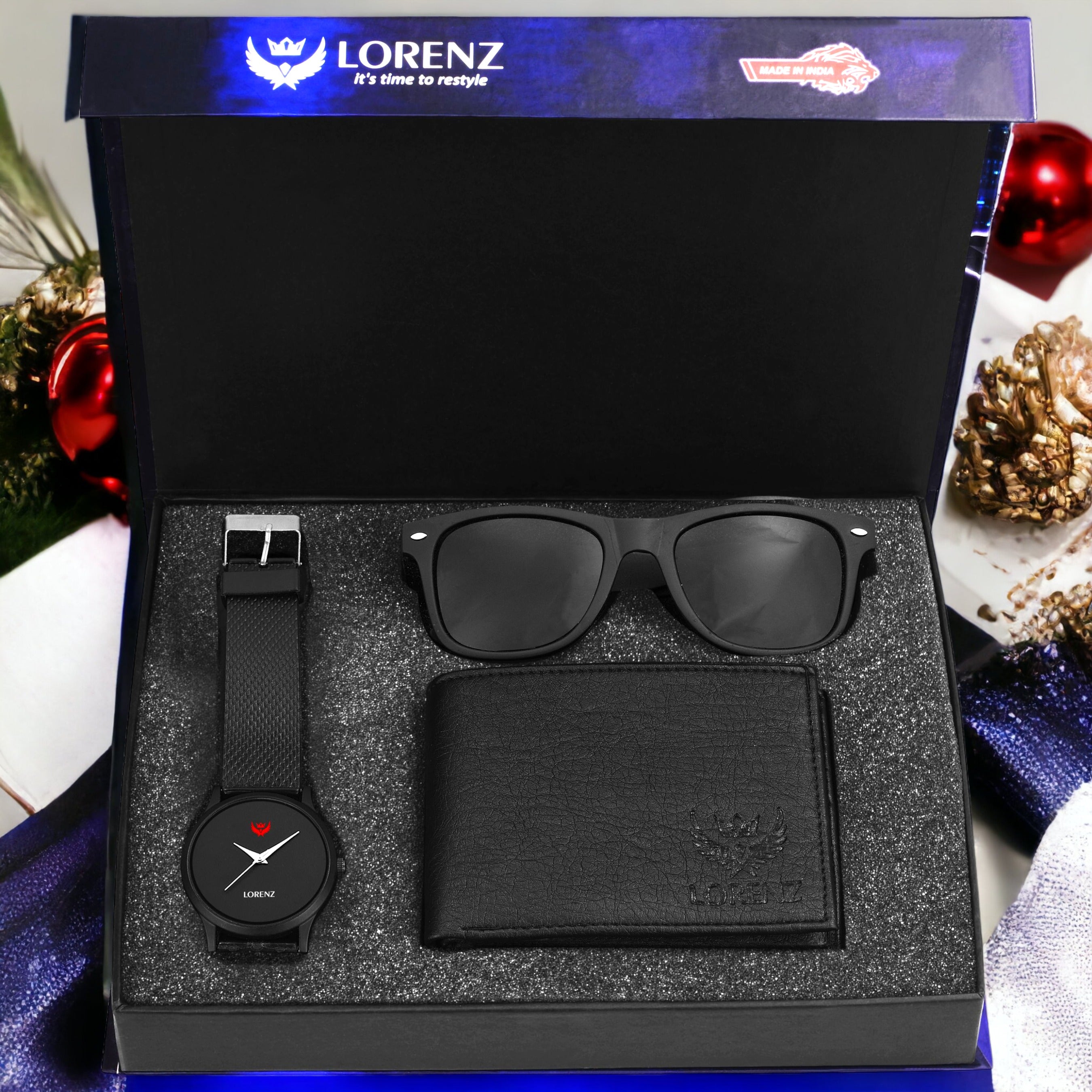  Lorenz Black Men's Watch, Black Wallet & Black Sunglasses Gift Set for Men 