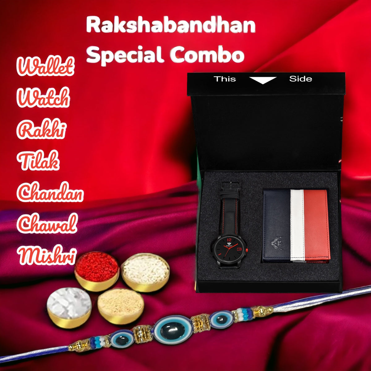 Lorenz Rakhi Gift Combo for Brother - Watch, Wallet and Evil Eye Rakhi ...