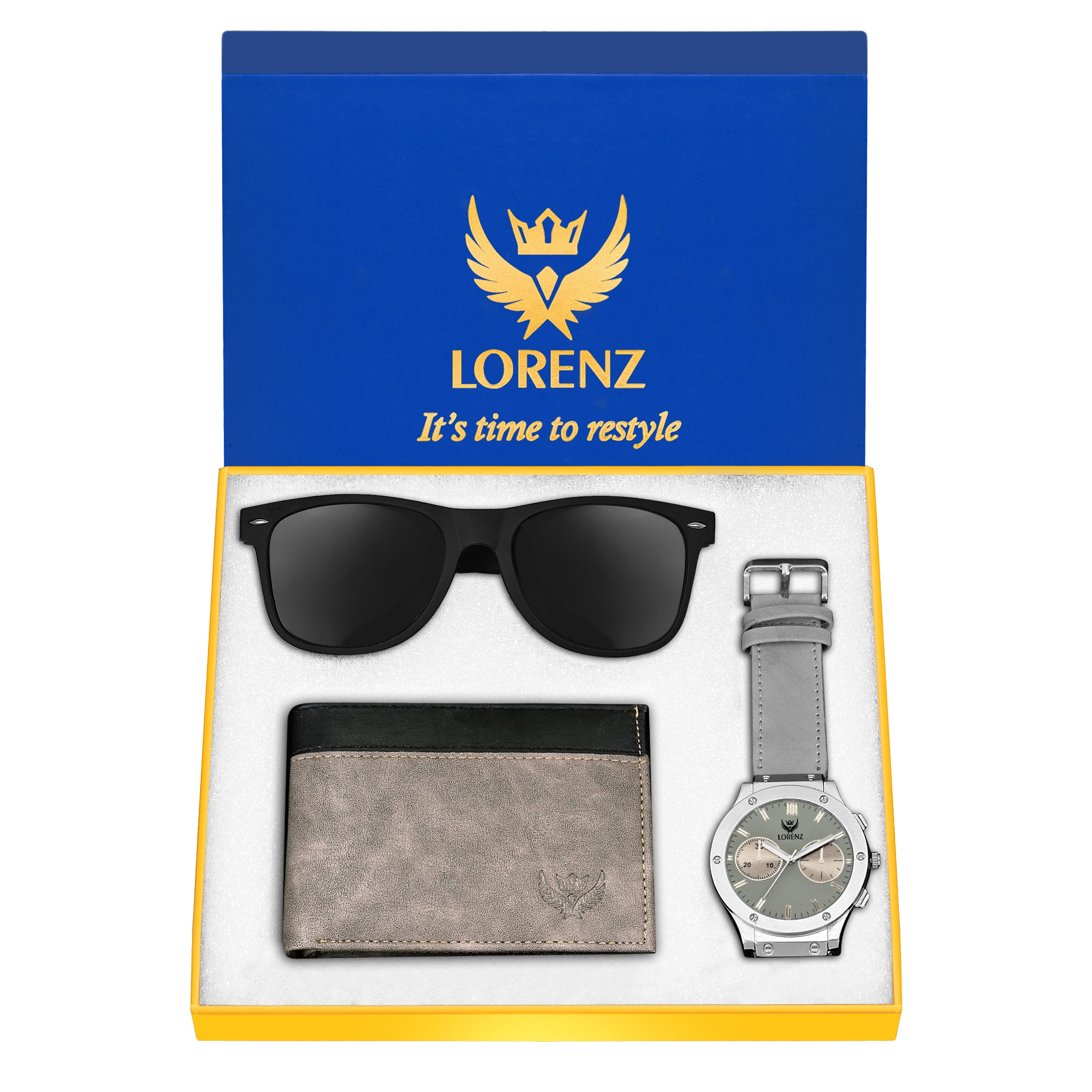 Lorenz Men's Grey Dial Watch, Wallet & Black Wayfarer Sunglasses Gift Set