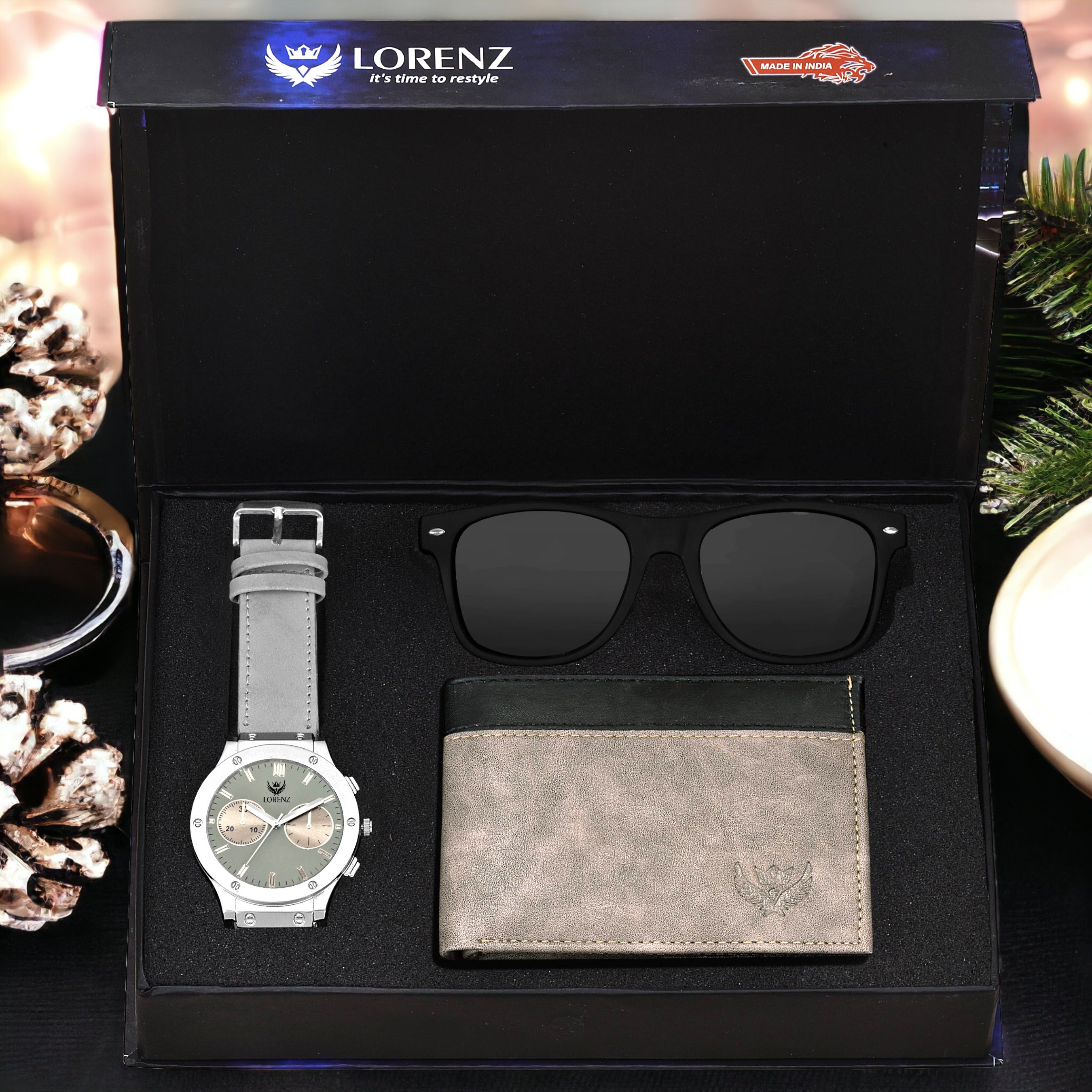 Lorenz Men's Grey Dial Watch, Grey Wallet & Black Wayfarer Sunglasses Gift Set