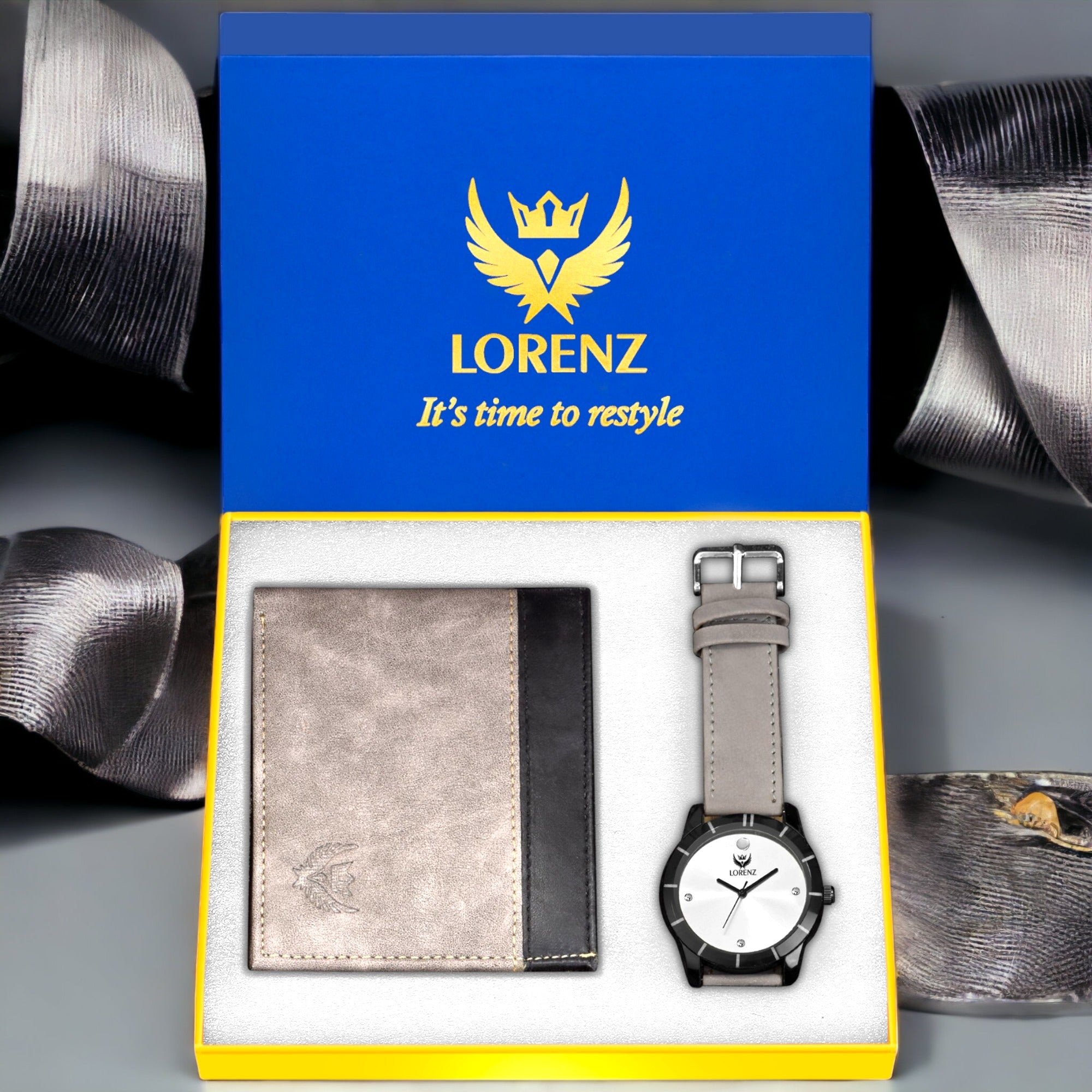 Lorenz Men's Silver Dial Watch & Grey Wallet Set 