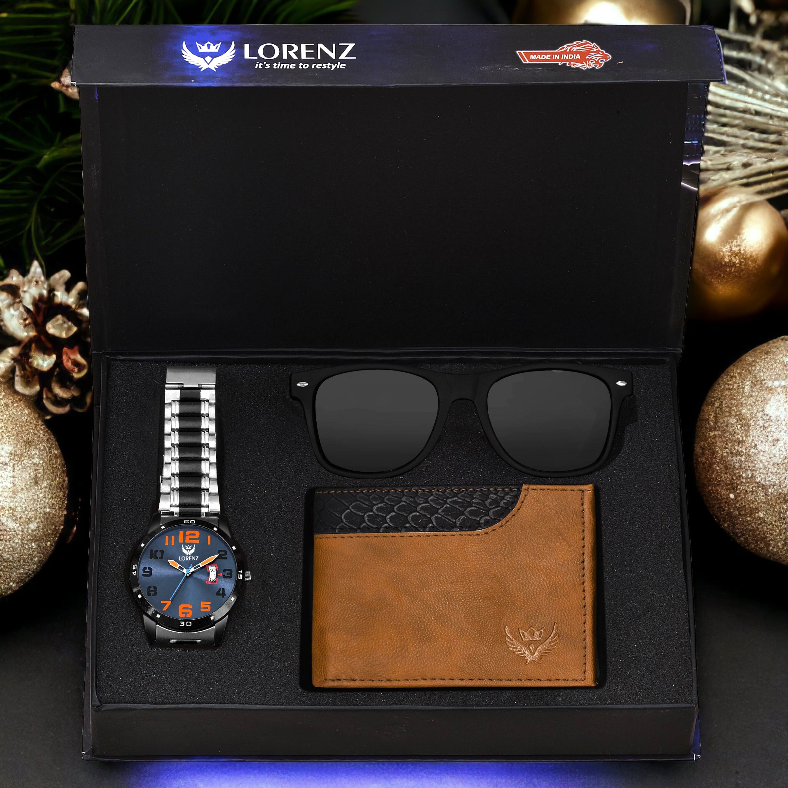Combo of Men's Blue Dial Watch, Brown Wallet & Black Sunglasses 