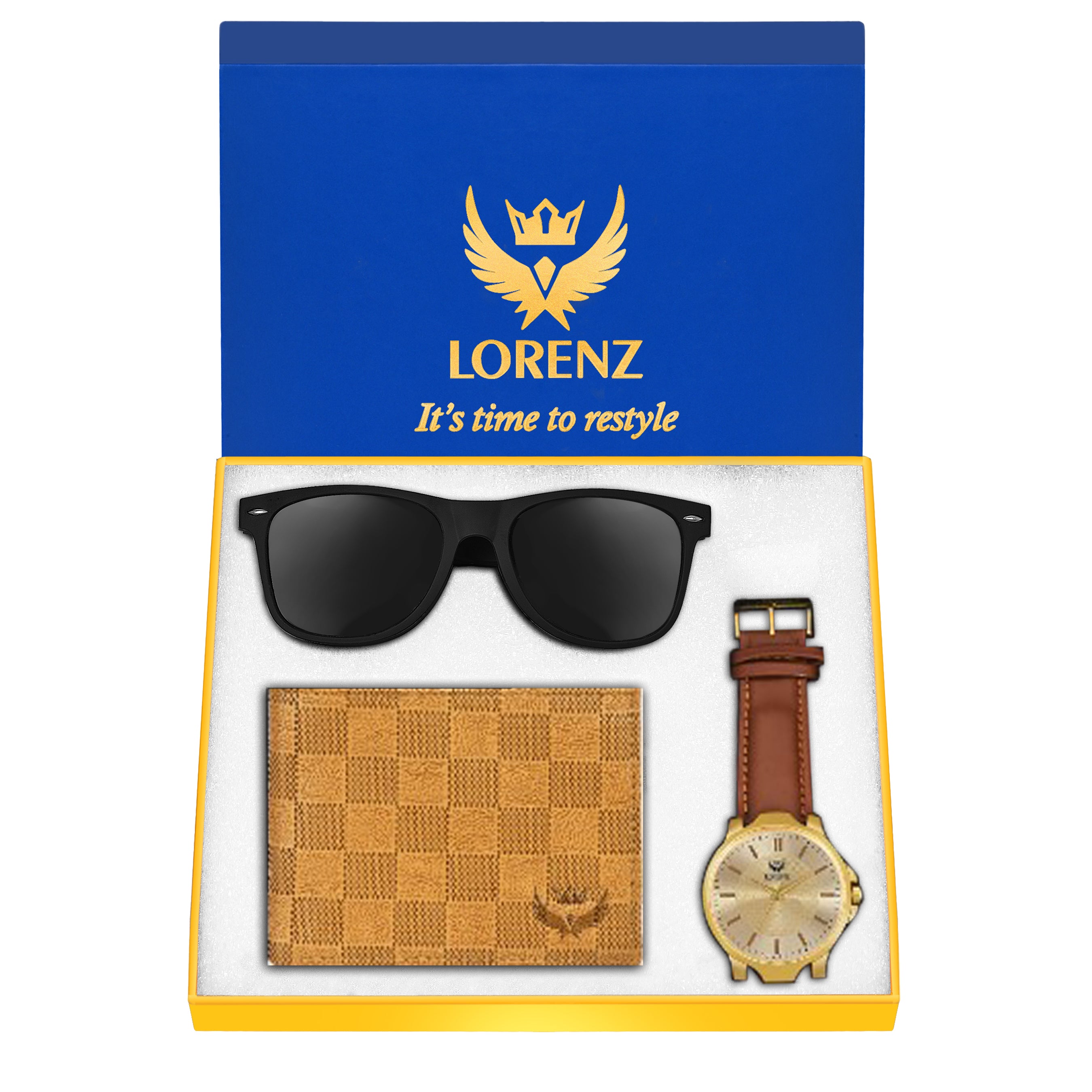 Lorenz Men's Gold Dial Watch, Brown Leather Wallet & Wayfarer Sunglasses Gift Set