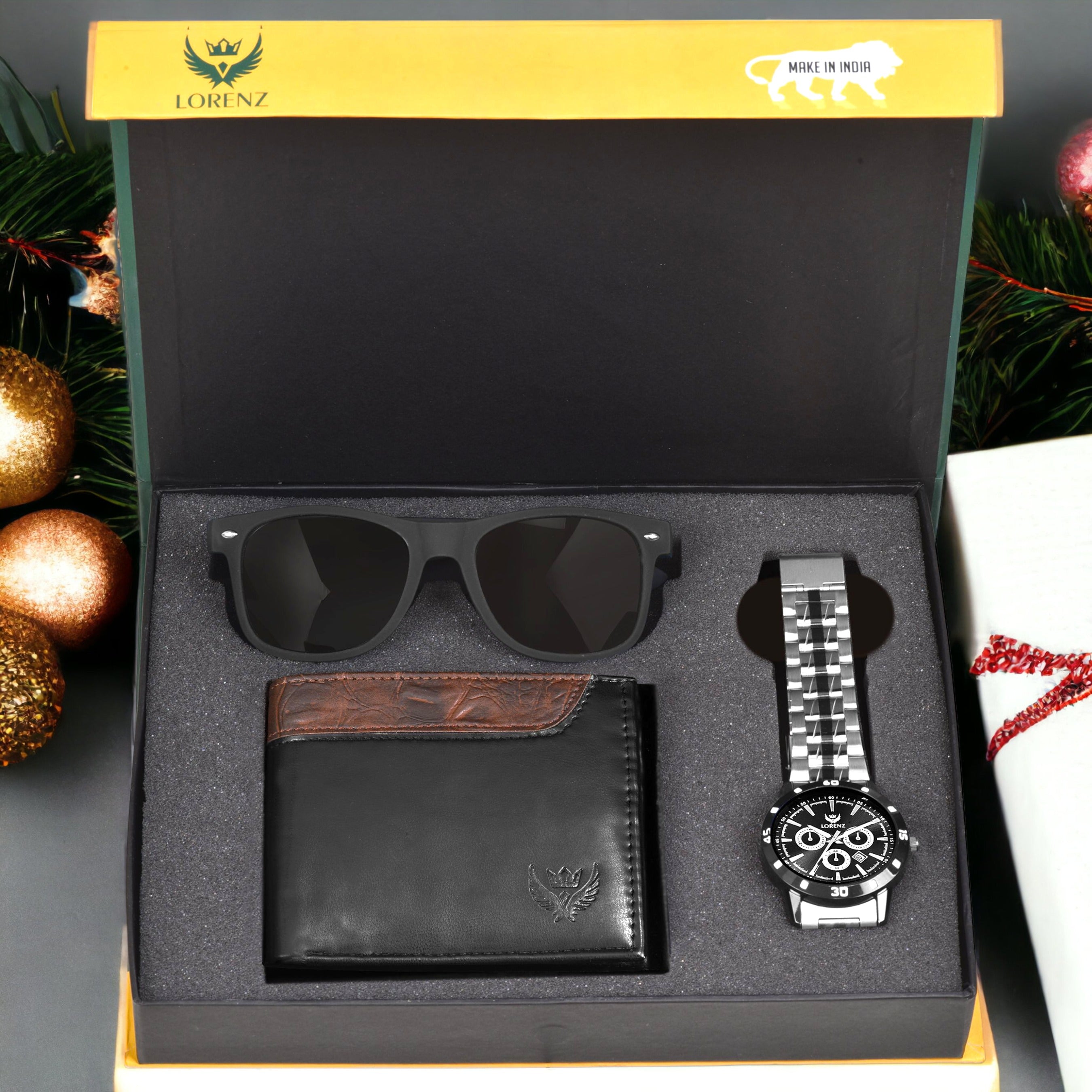 Lorenz Black Dial Watch, Wallet & Wayfarer Sunglasses Gift Set