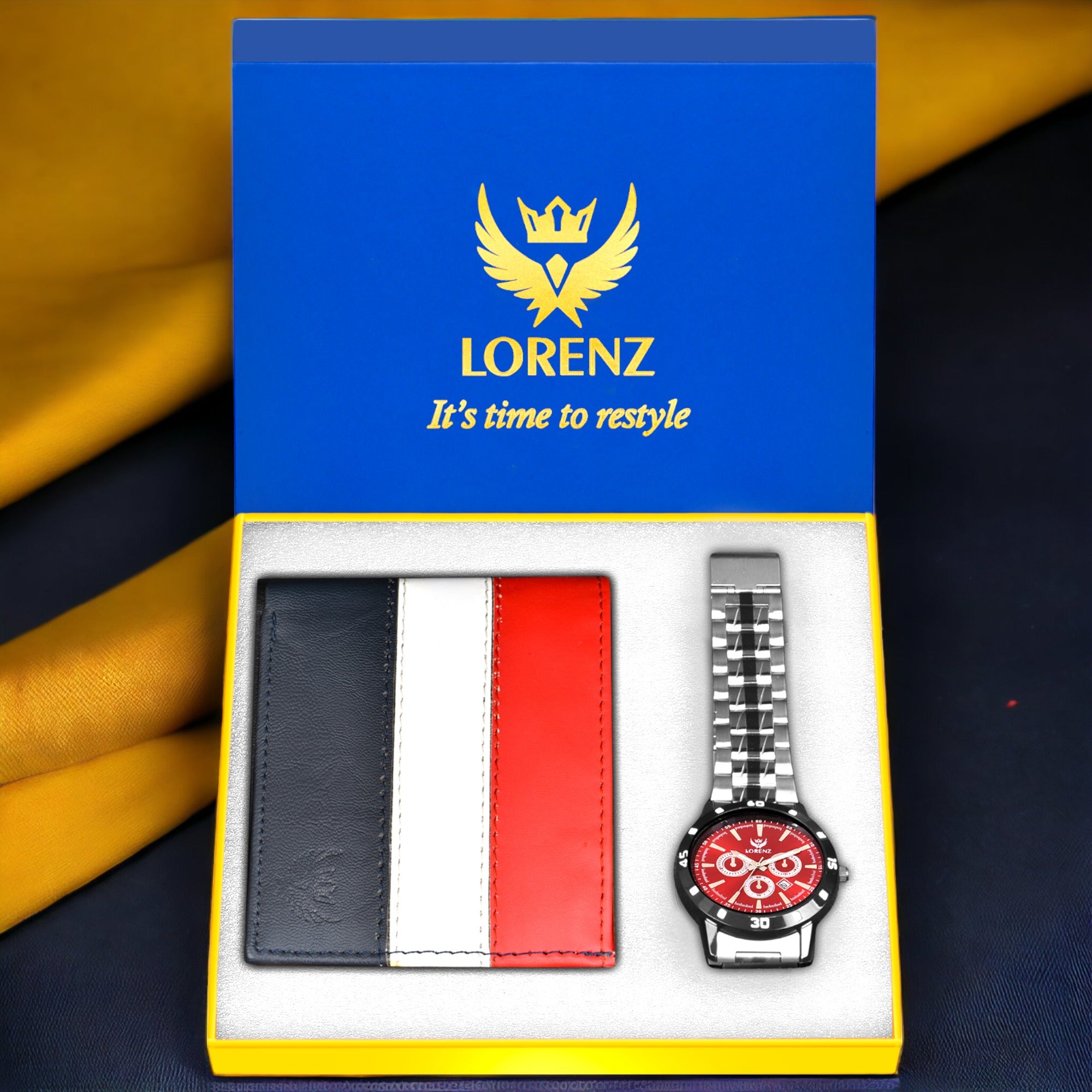Lorenz Combo of Maroon Dial Watch & Multi Color Wallet for Men- CM-3068WL-24