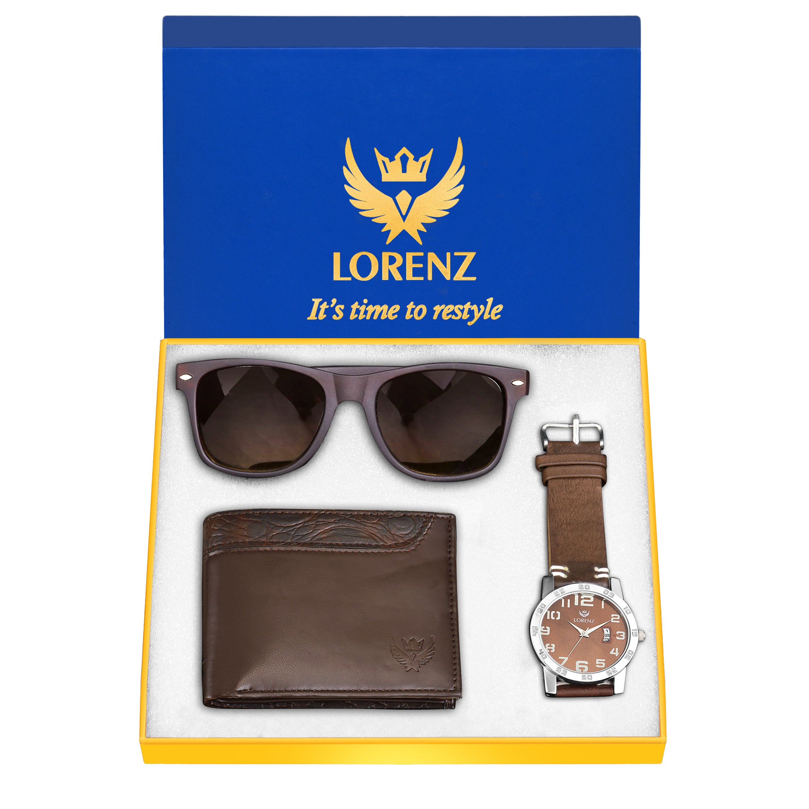 Lorenz Brown Watch, Wallet & Sunglasses Combo