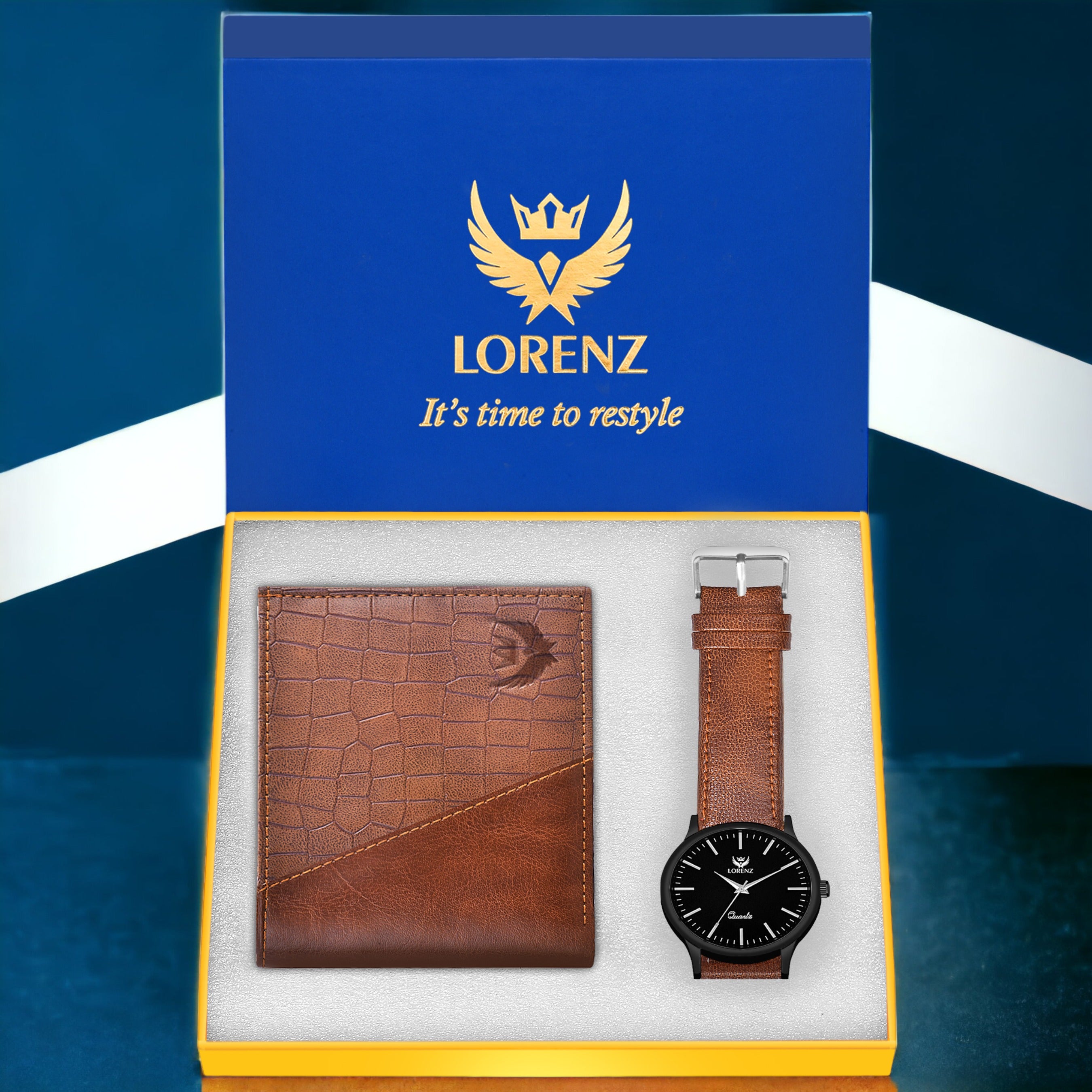 LORENZ Slim Black Dial Watch & Tan Wallet Combo for Men and Boys- CM-4055WL-87