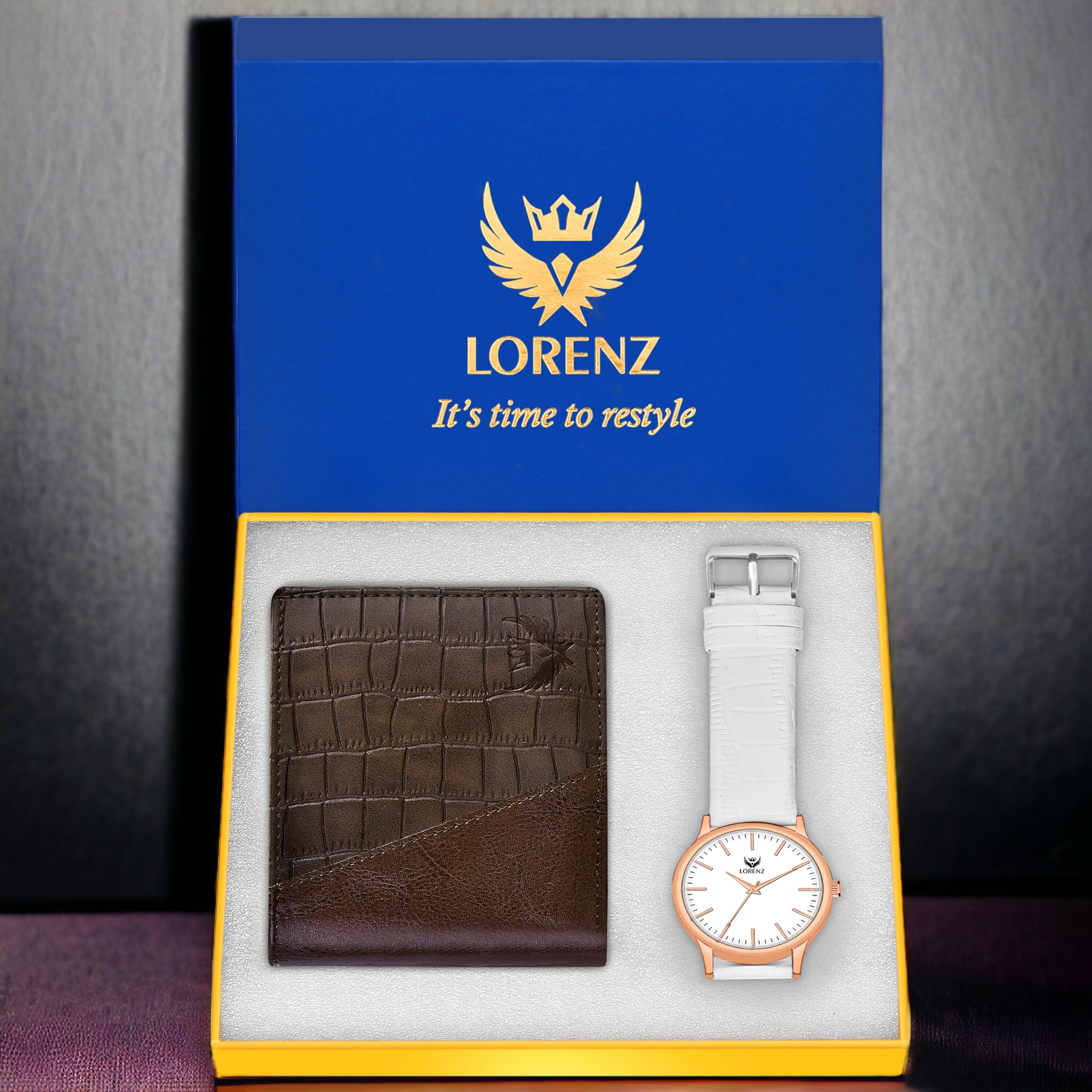 LORENZ Slim White Dial Watch & Brown Wallet Combo for Men and Boys- CM-4057WL-89
