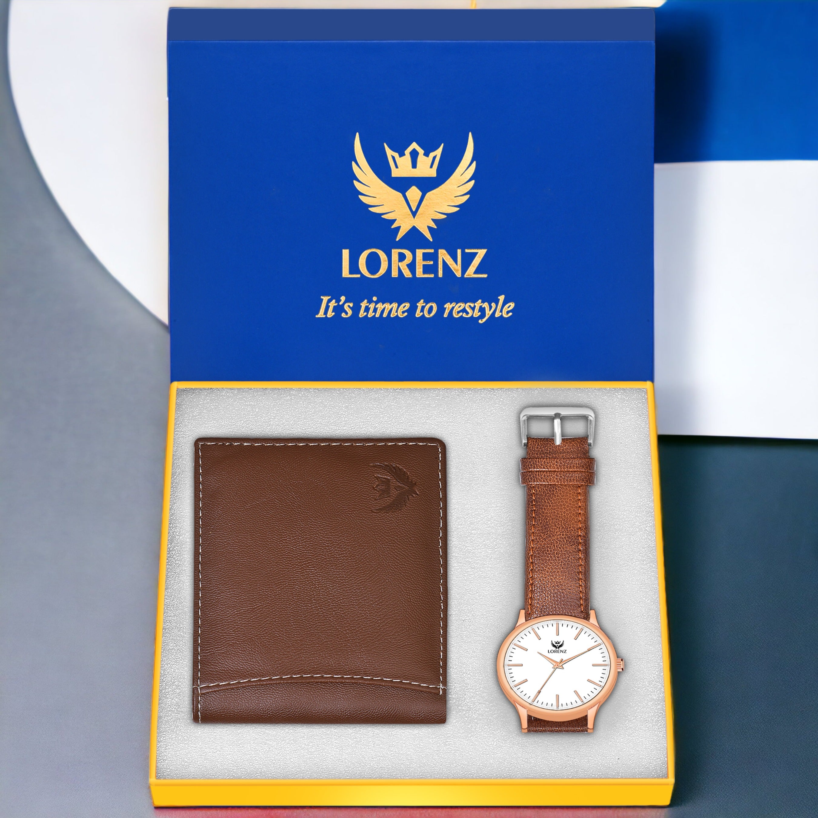 LORENZ Slim White Dial Watch & Tan Wallet Combo for Men and Boys- CM-4059WL-92