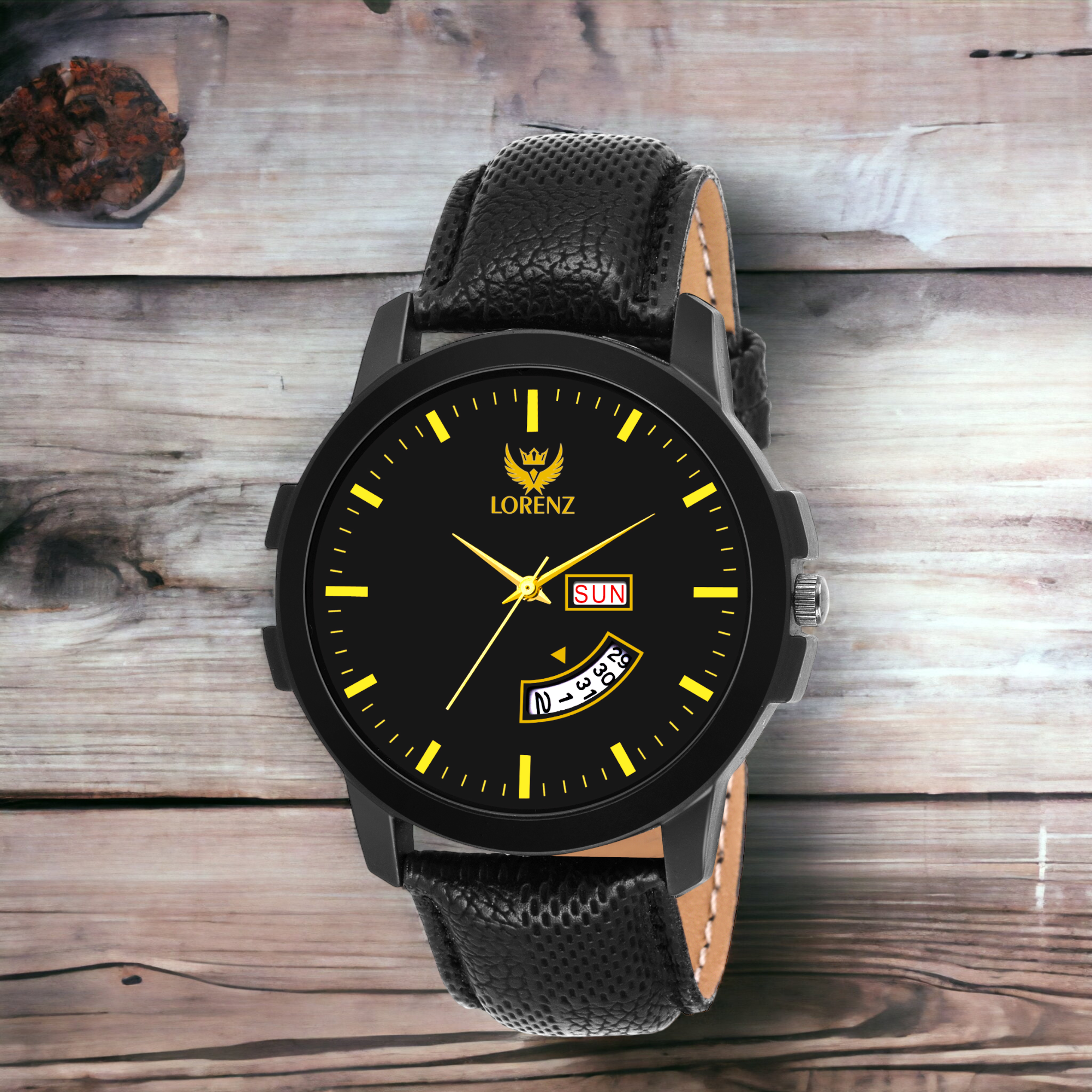 Lorenz Black dial Leather Strap Day & Date Mens watch-MK-10100A