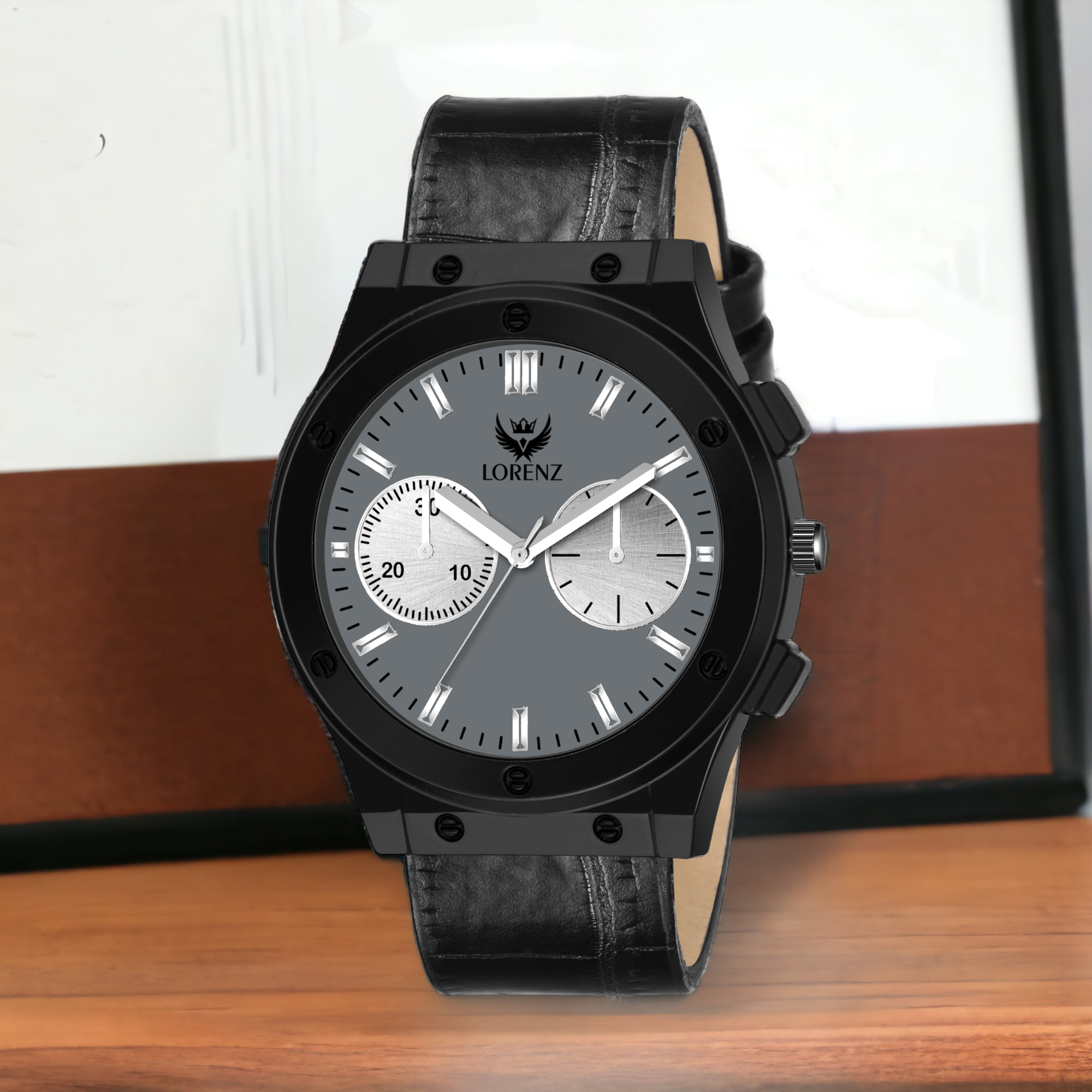 Lorenz Grey Dial Black Leather Watch